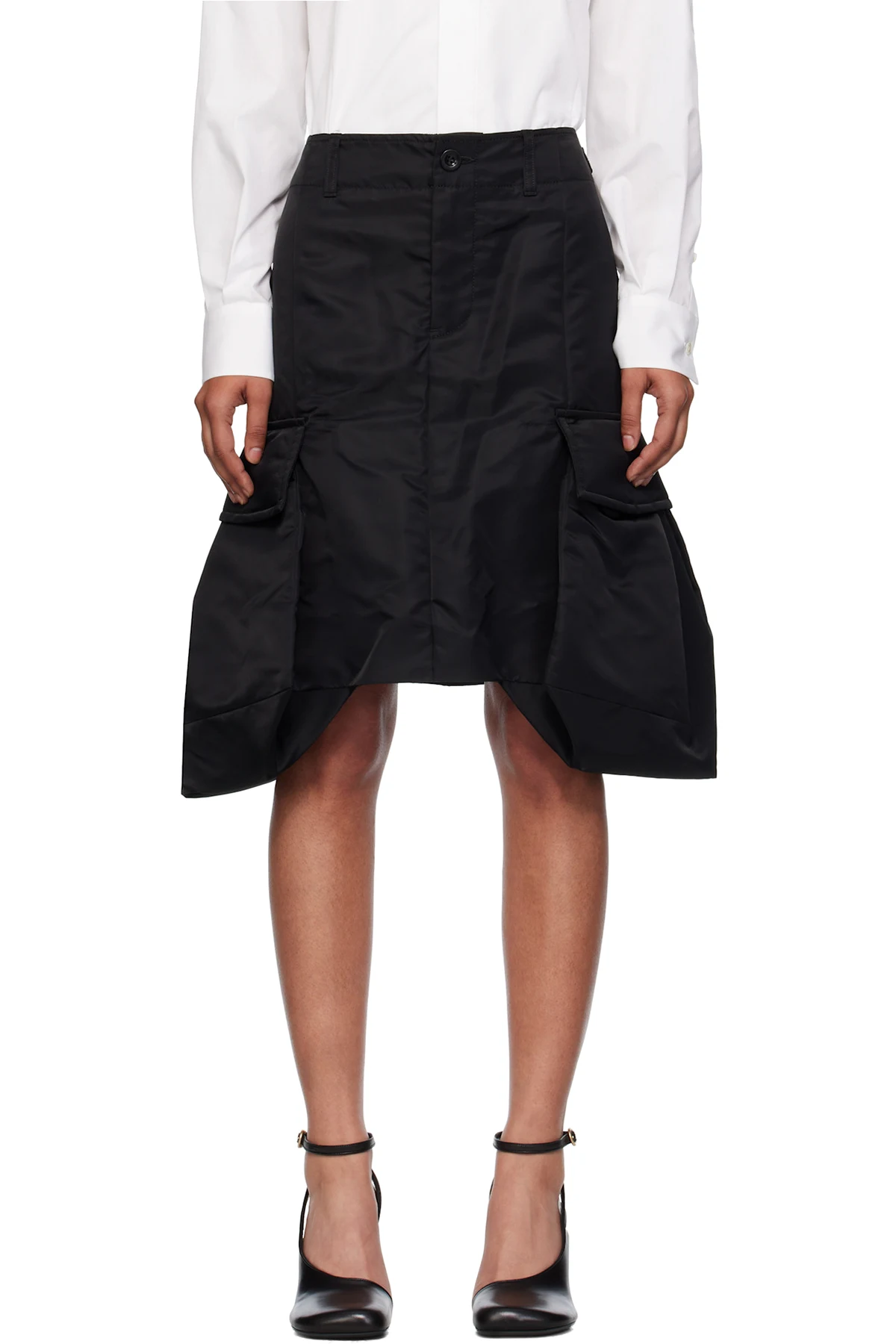 Black Nylon Twill Midi Skirt