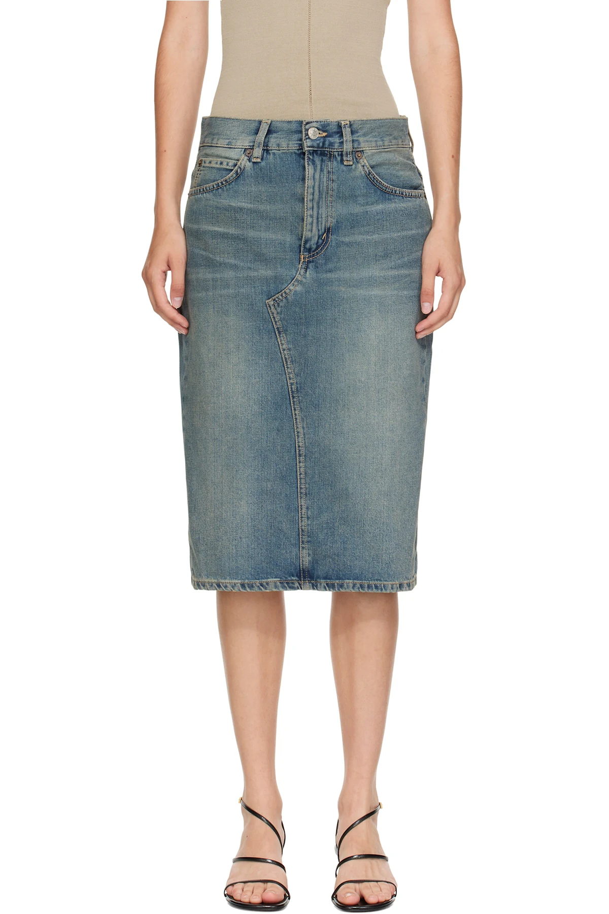 Blue Faded Denim Midi Skirt