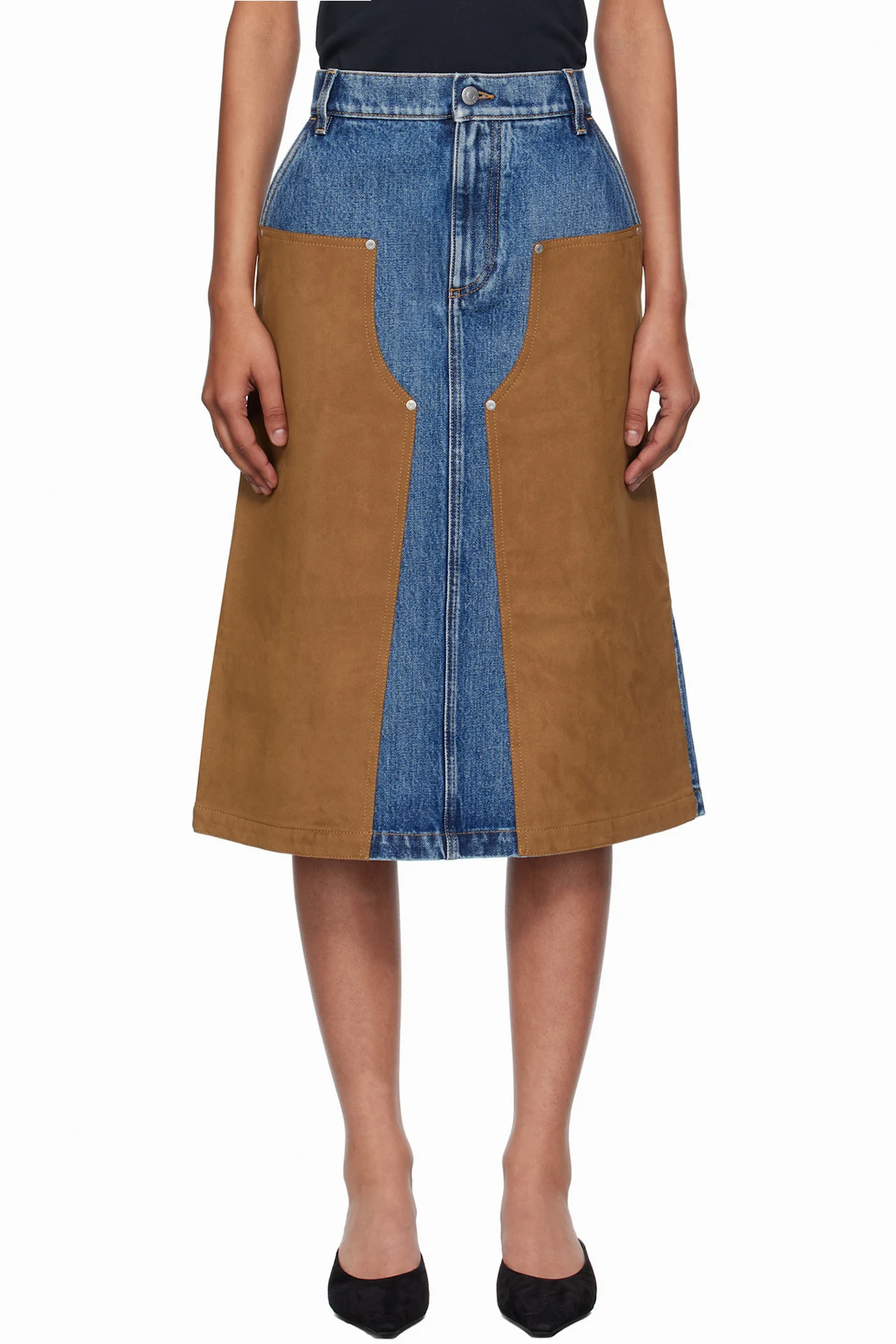 Blue & Tan Mixed Denim & Faux-Suede Midi Skirt