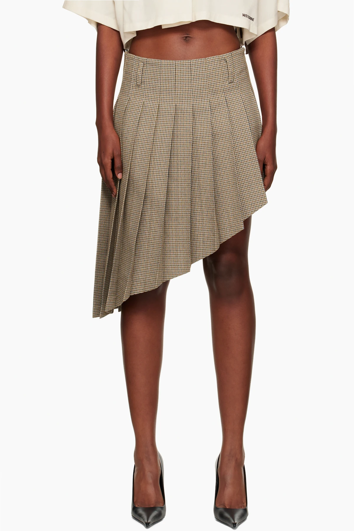 Beige Asymmetric Checked Midi Skirt