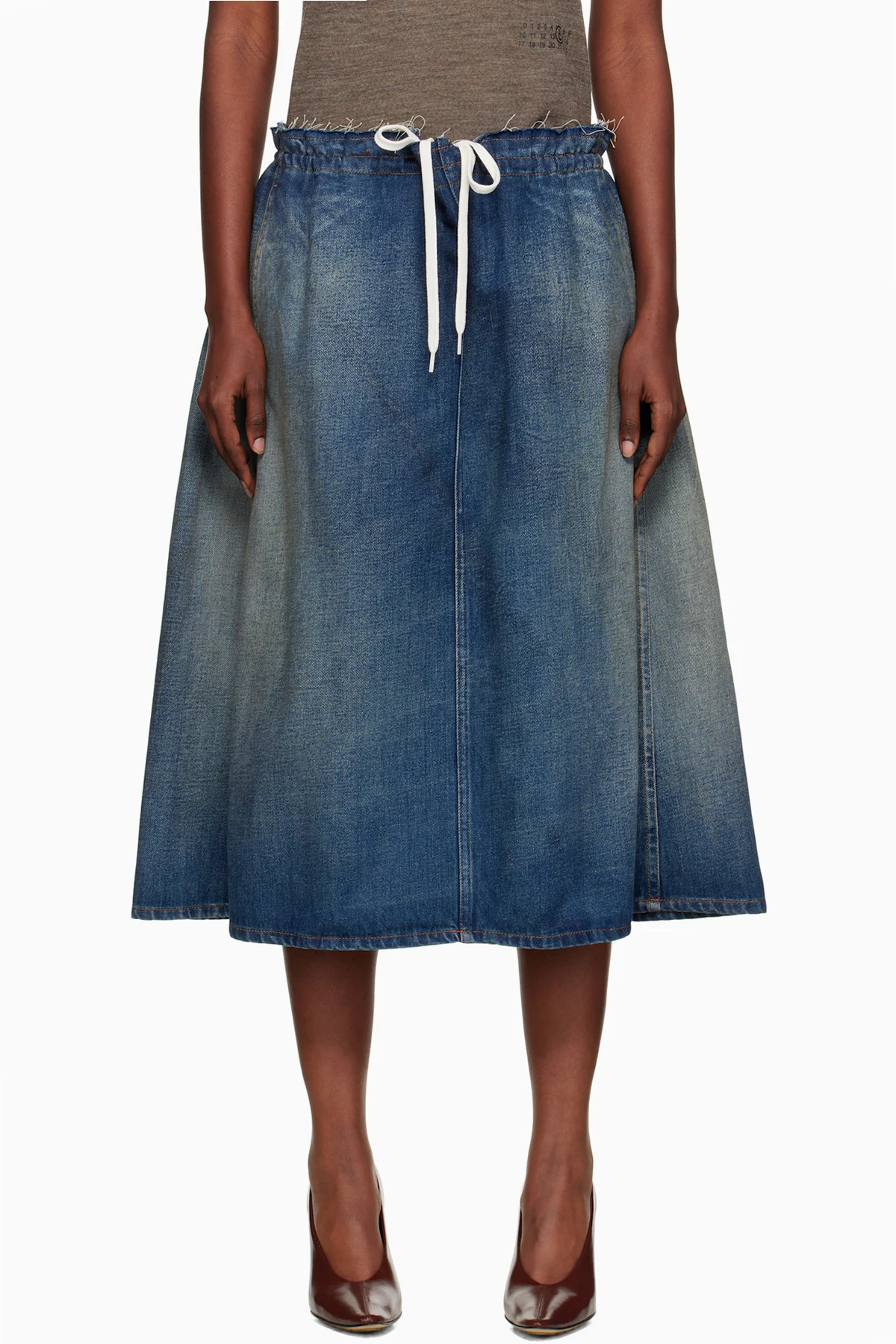 Blue Drawstring Denim Midi Skirt
