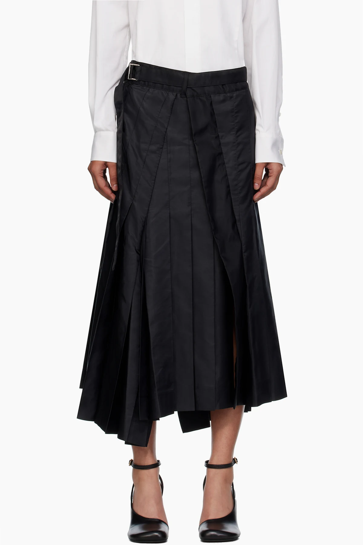 Black Nylon Twill Mix Midi Skirt