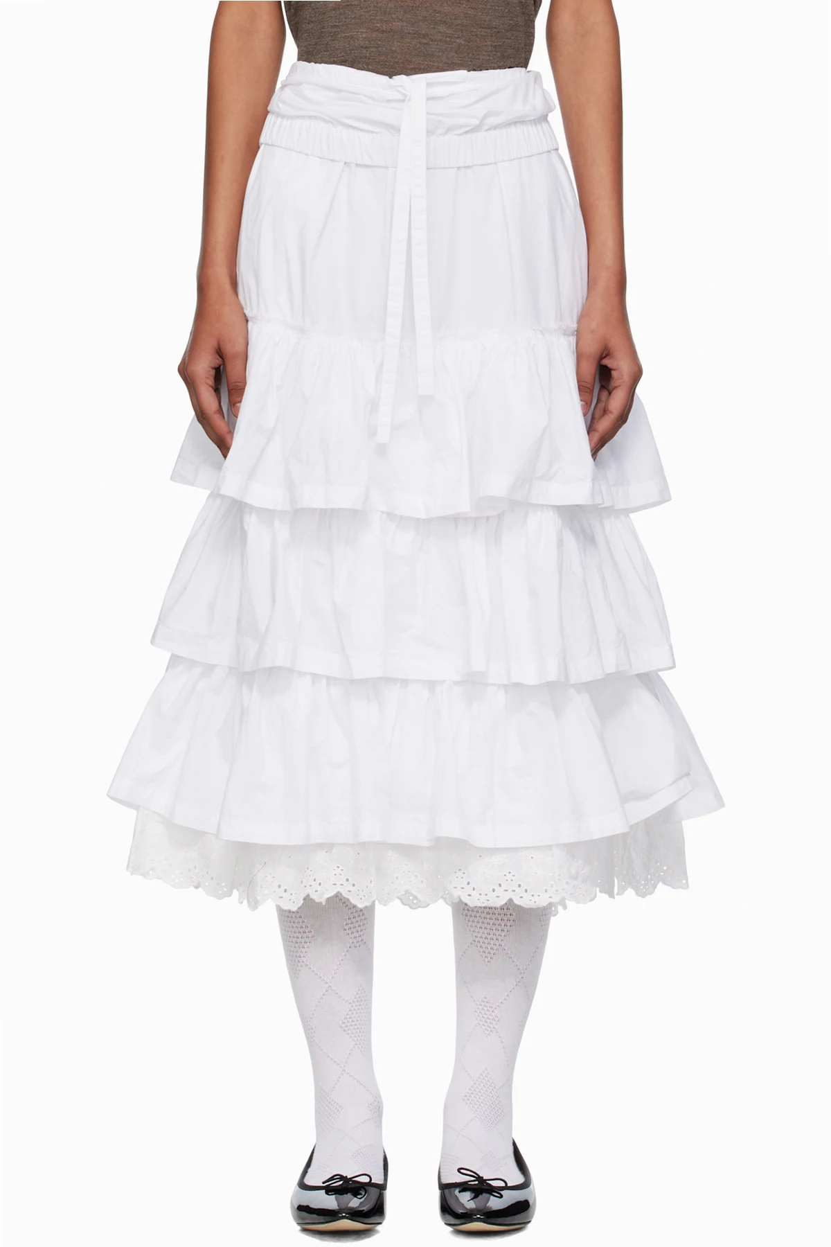 White Rolled Waist Tiered Midi Skirt