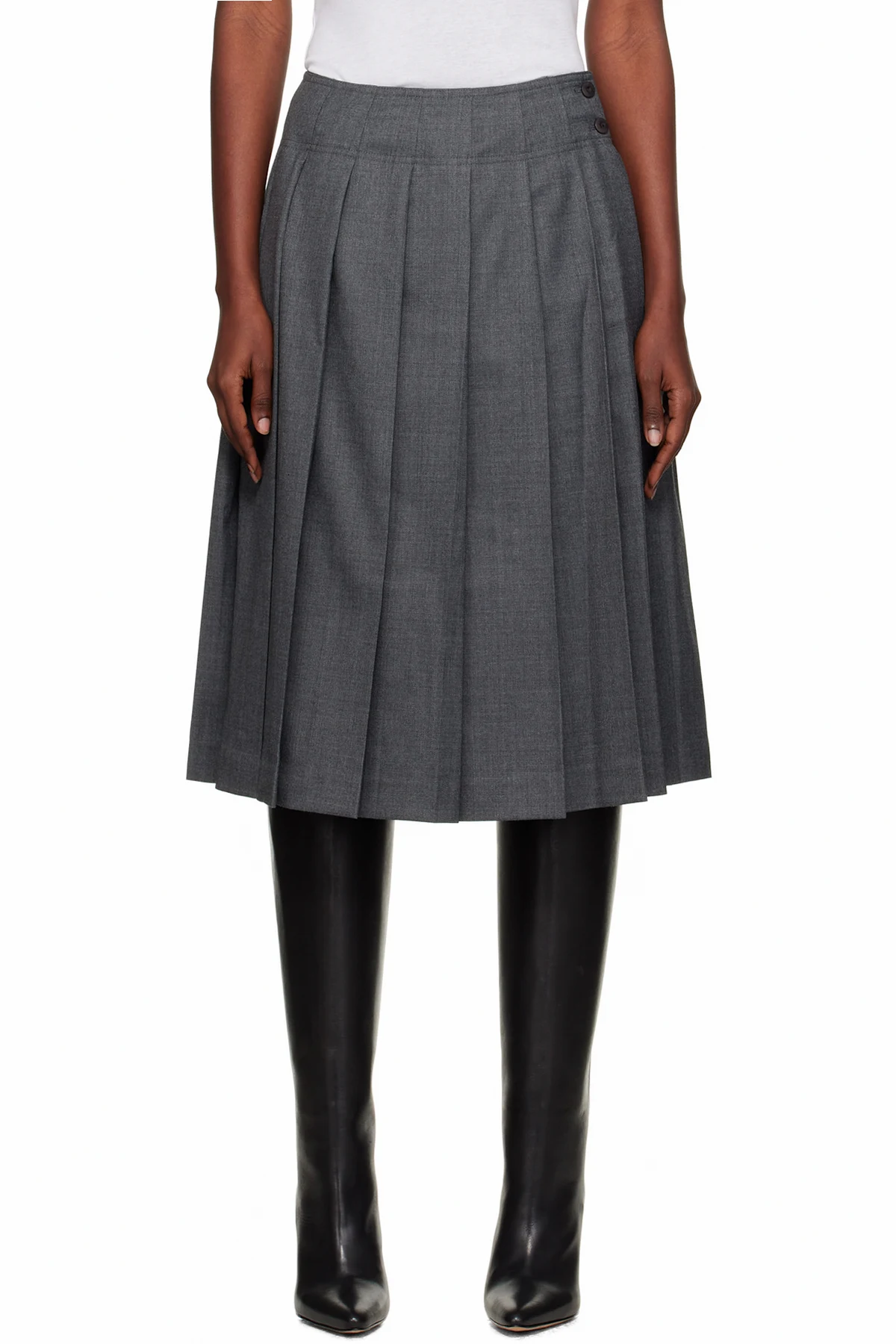 Gray Wool Pleated Midi Skirt