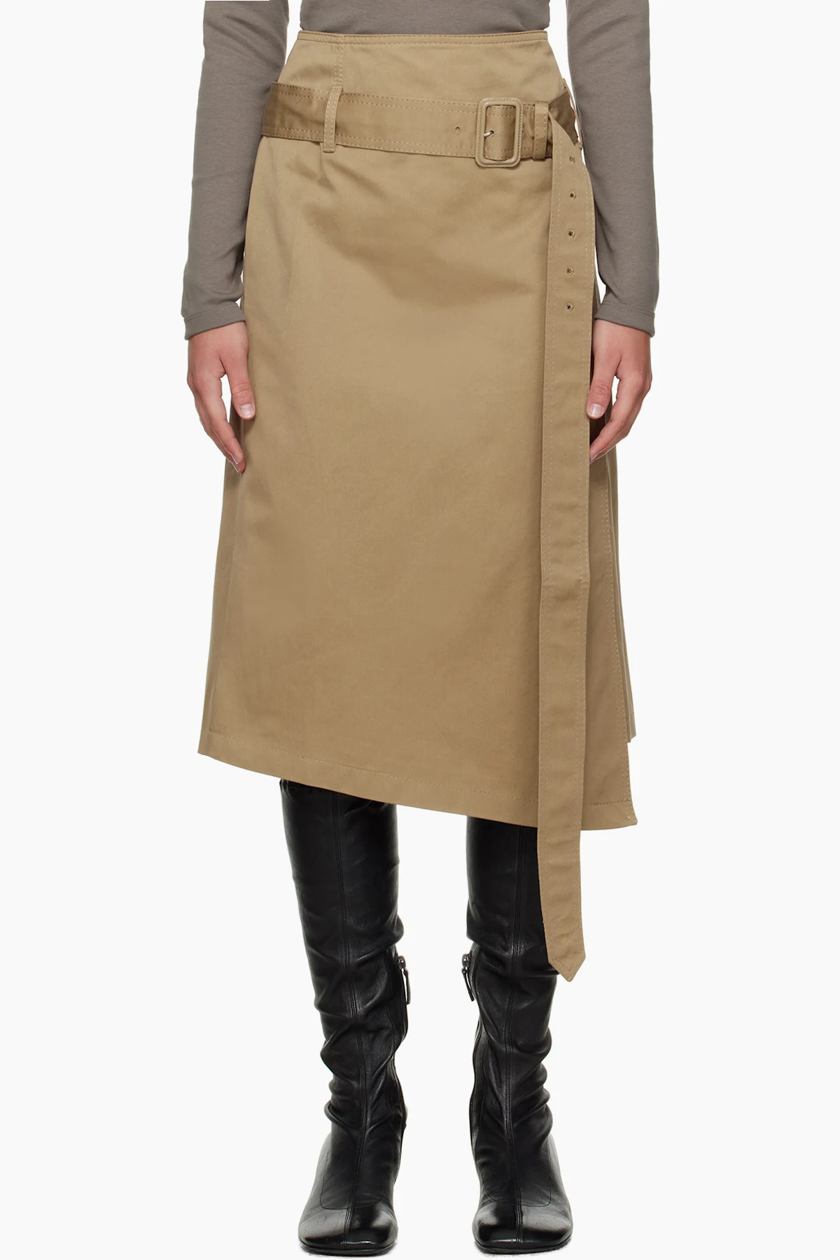 Beige Belted Twill Midi Skirt