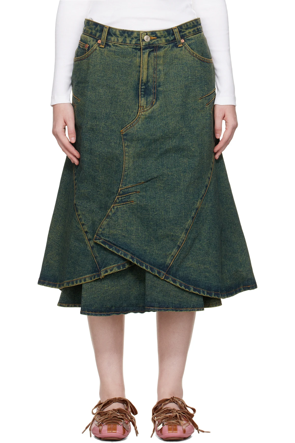 Blue Custom Flare Layered Denim Midi Skirt