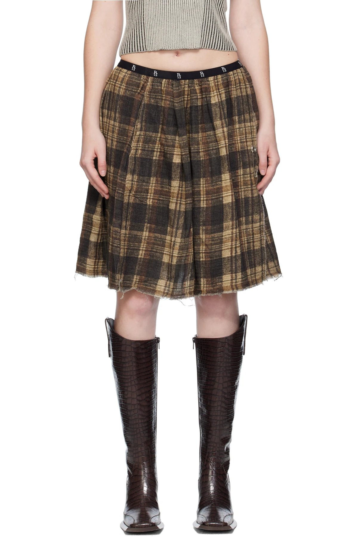 Brown Knee-Length Kilt Reversible Midi Skirt