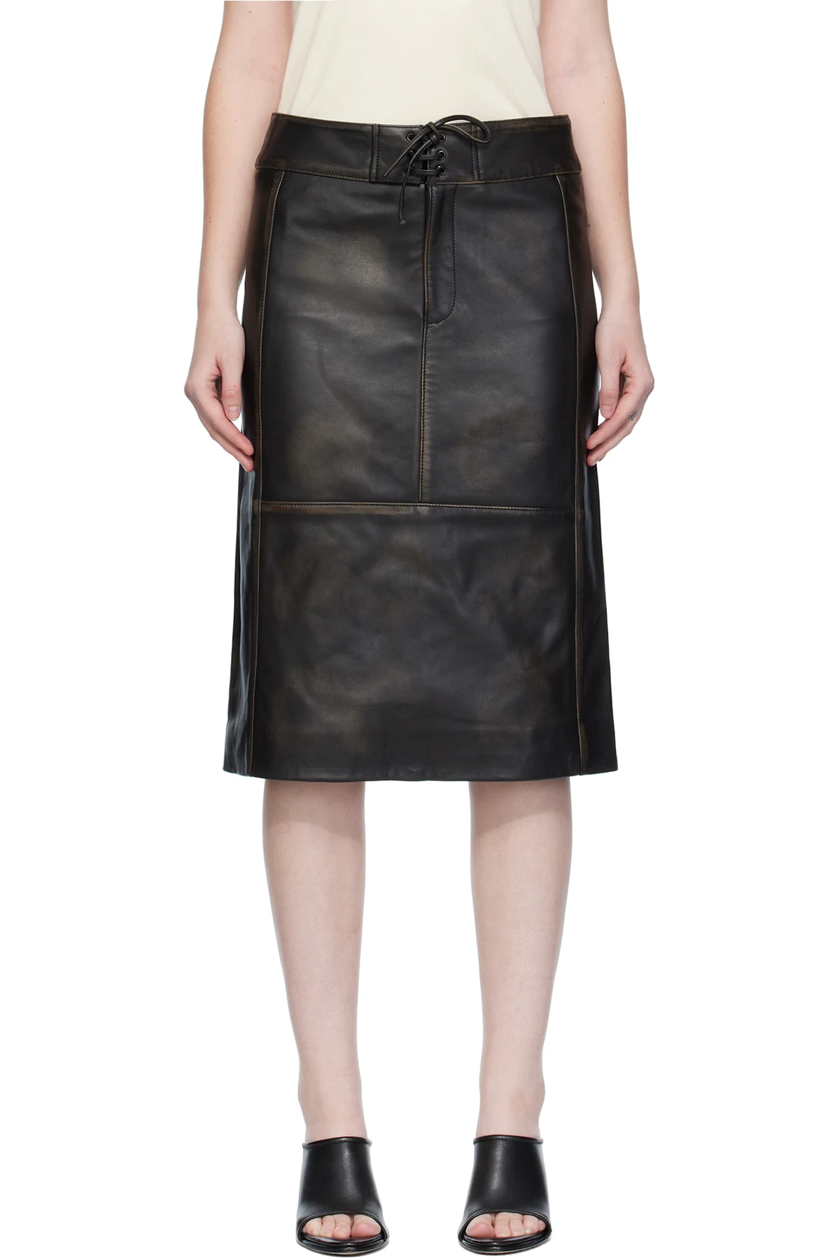 Black Burnished Eddie Leather Midi Skirt