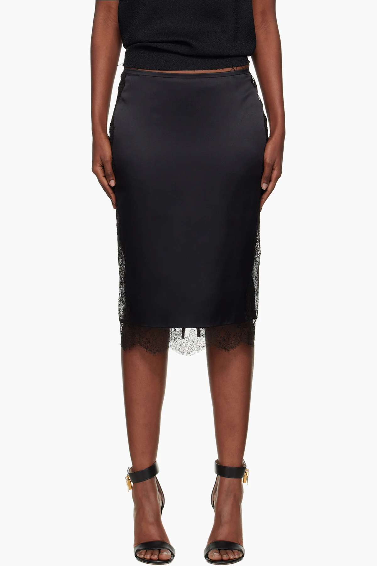 Black Knee-Length Lace Inserts Midi Skirt