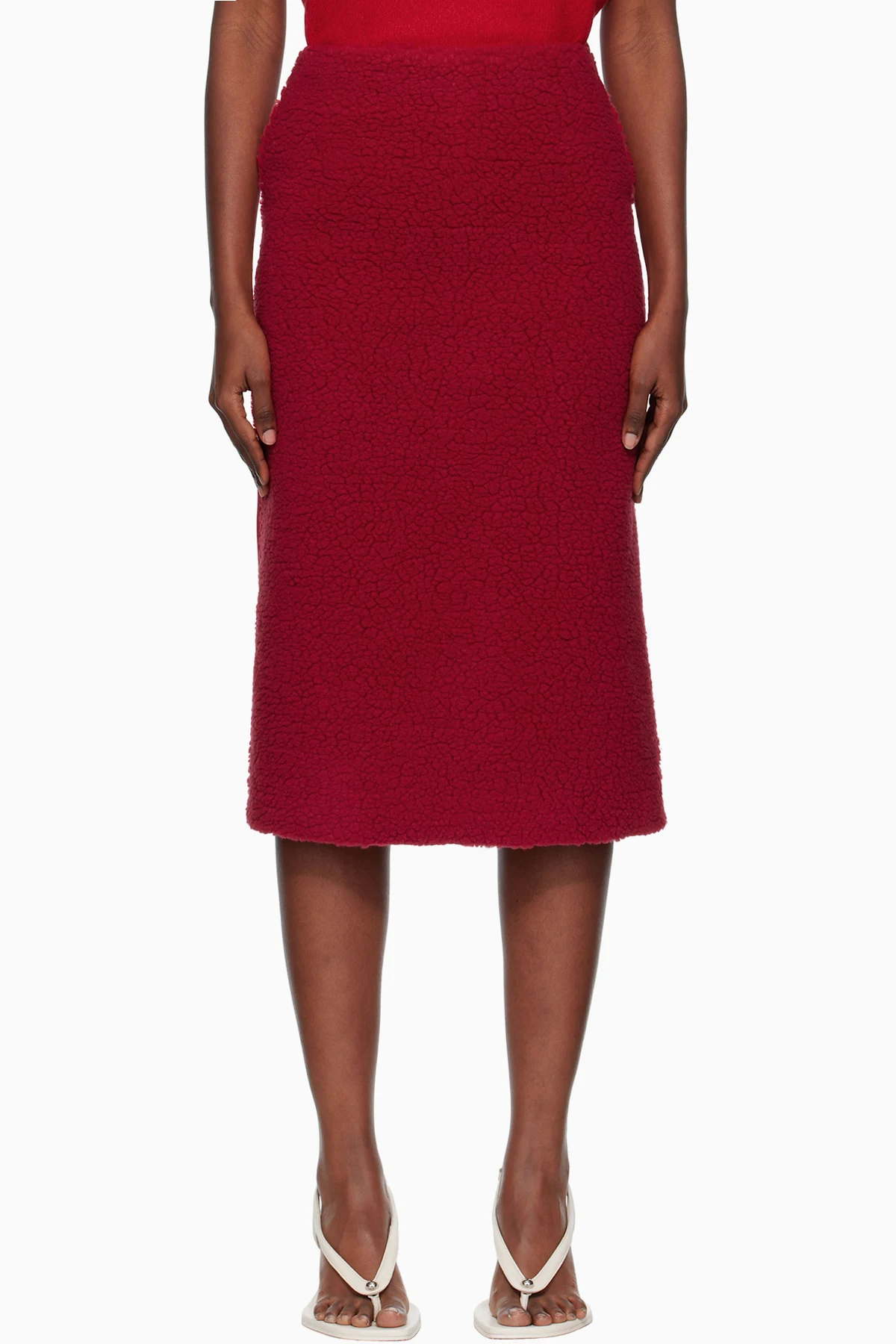 Red Fleece Combi H-Line Midi Skirt