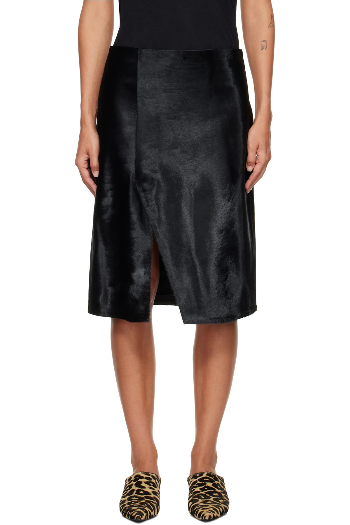 Black Myra Asymmetrical Pony-Effect Leather Midi Skirt