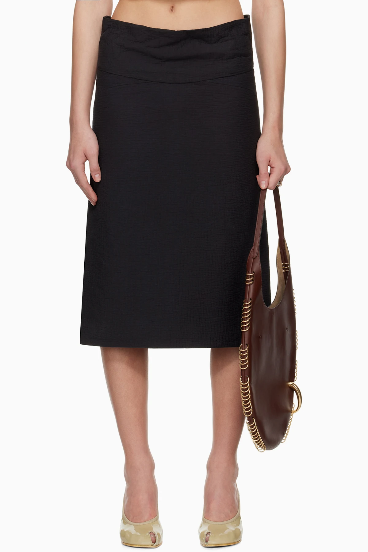 Black Molded Waistband Cotton Midi Skirt