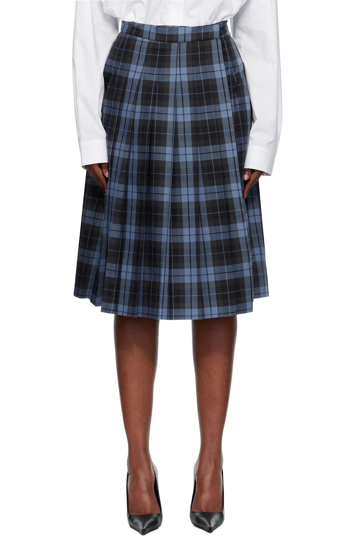 Navy Plaid Midi Skirt