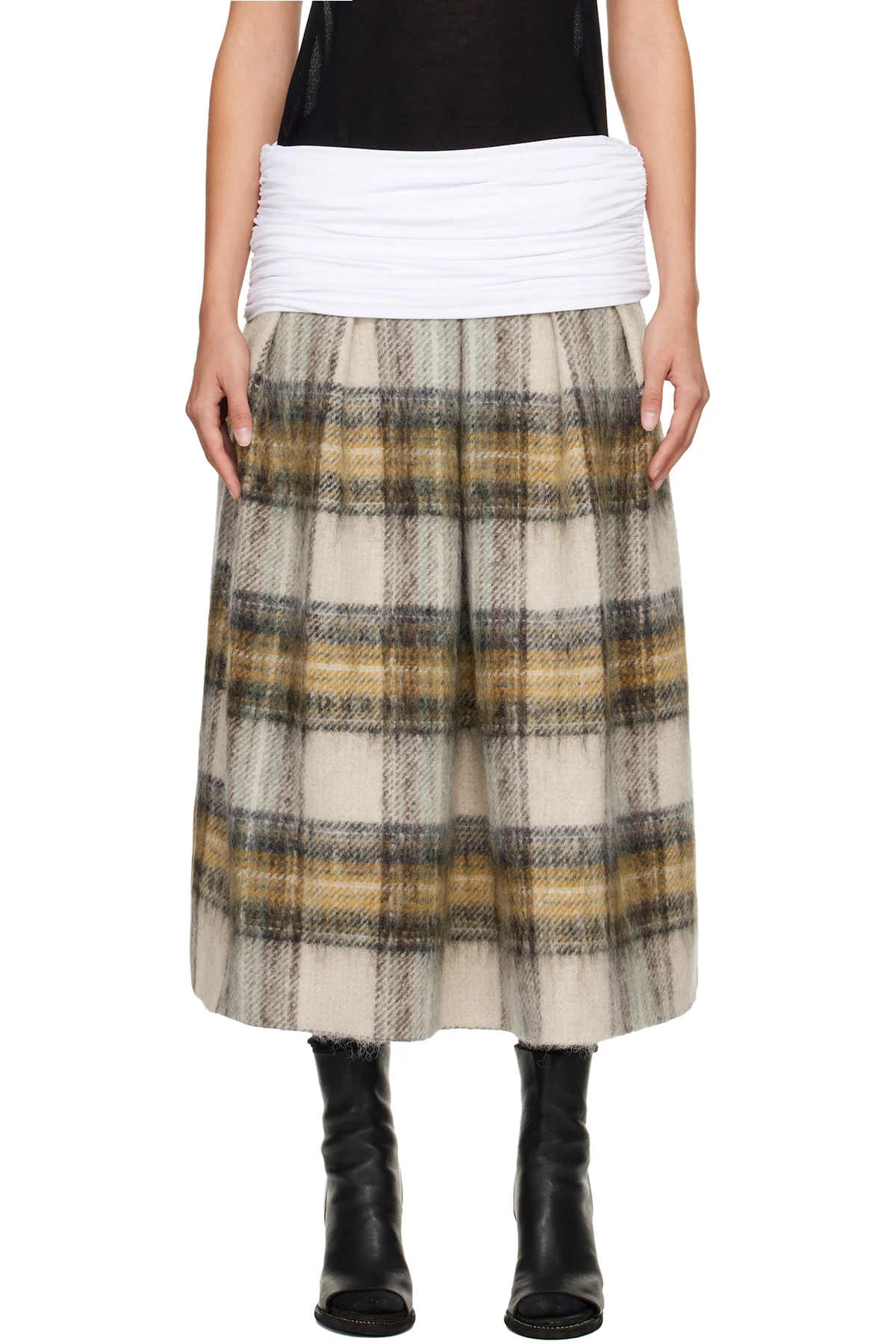 White & Gray Elastic Waist Midi Skirt