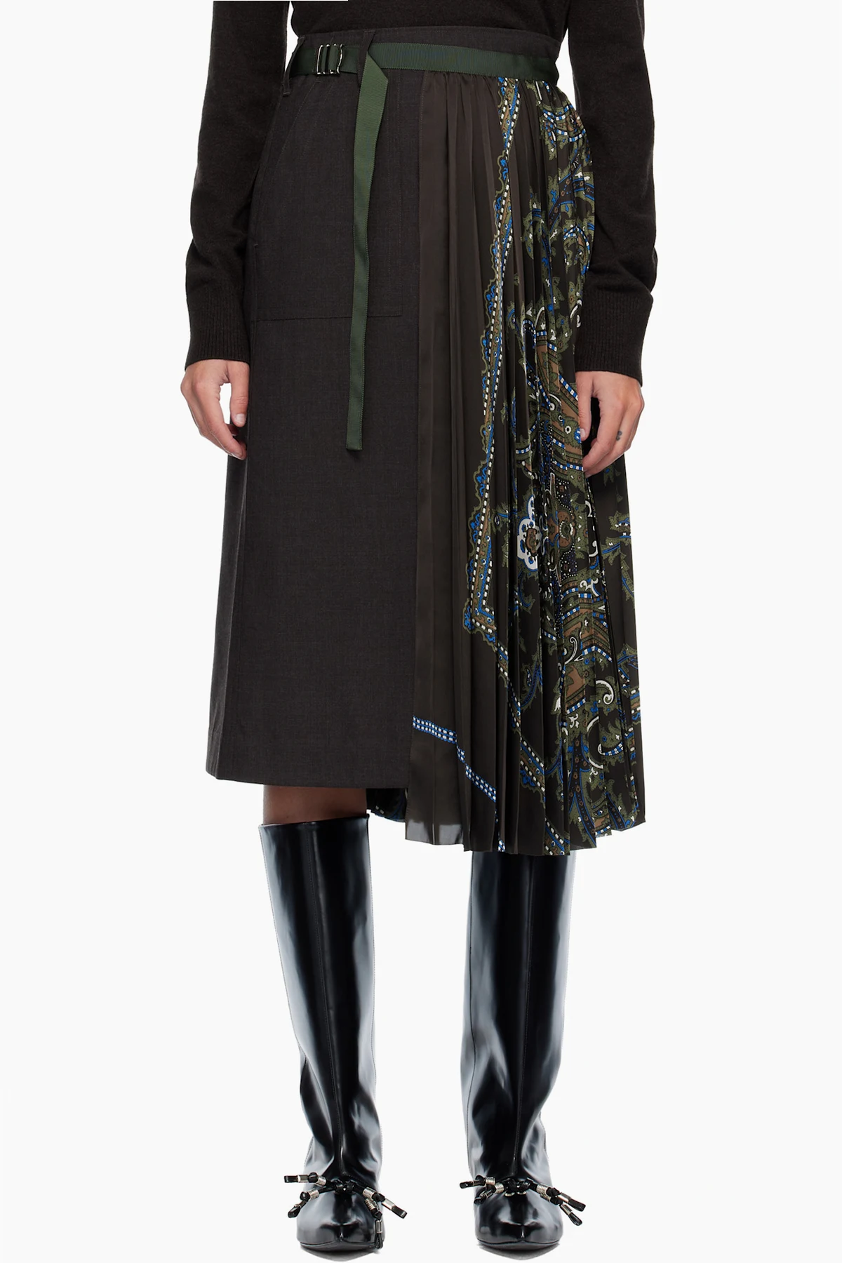 Brown Suiting & Paisley Print Midi Skirt