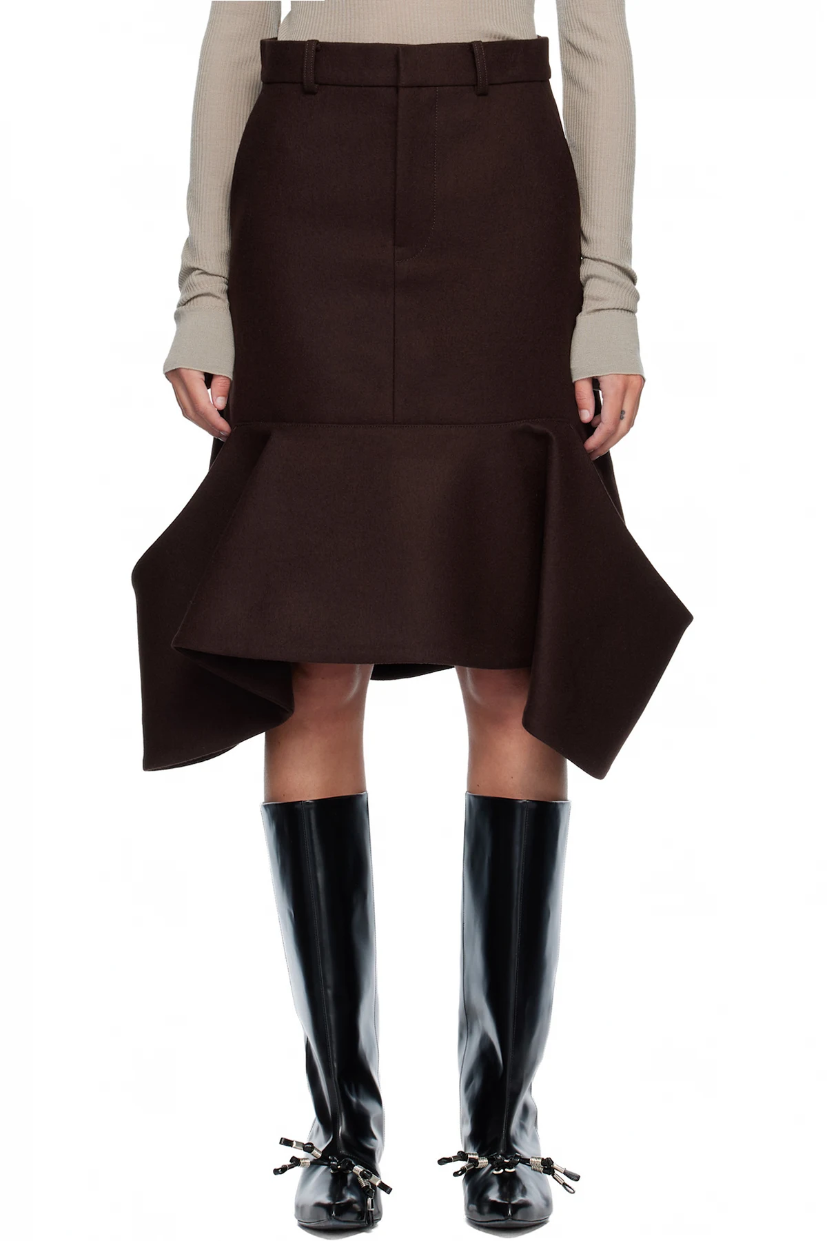 Brown Wool Melton Midi Skirt