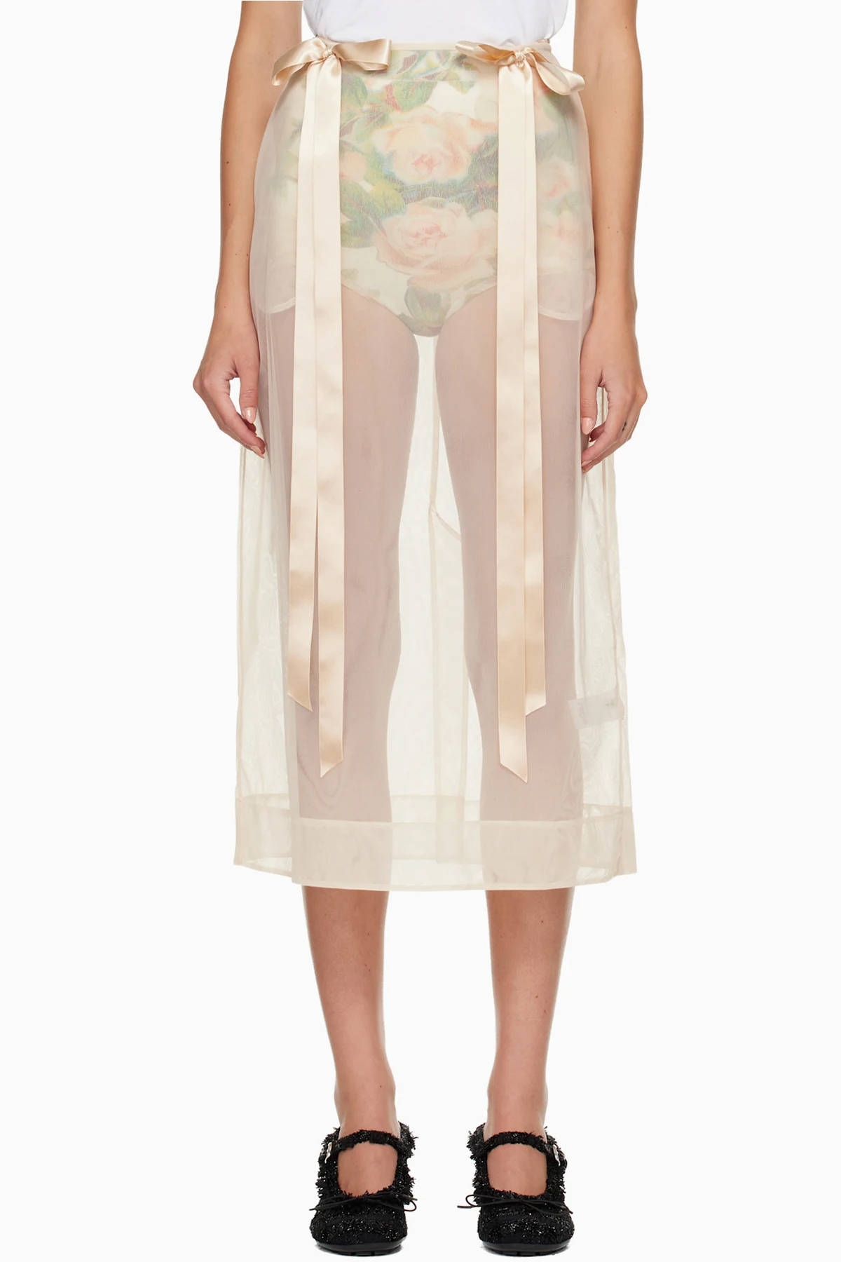 Beige Sheer Bow Ribbon Pencil Midi Skirt