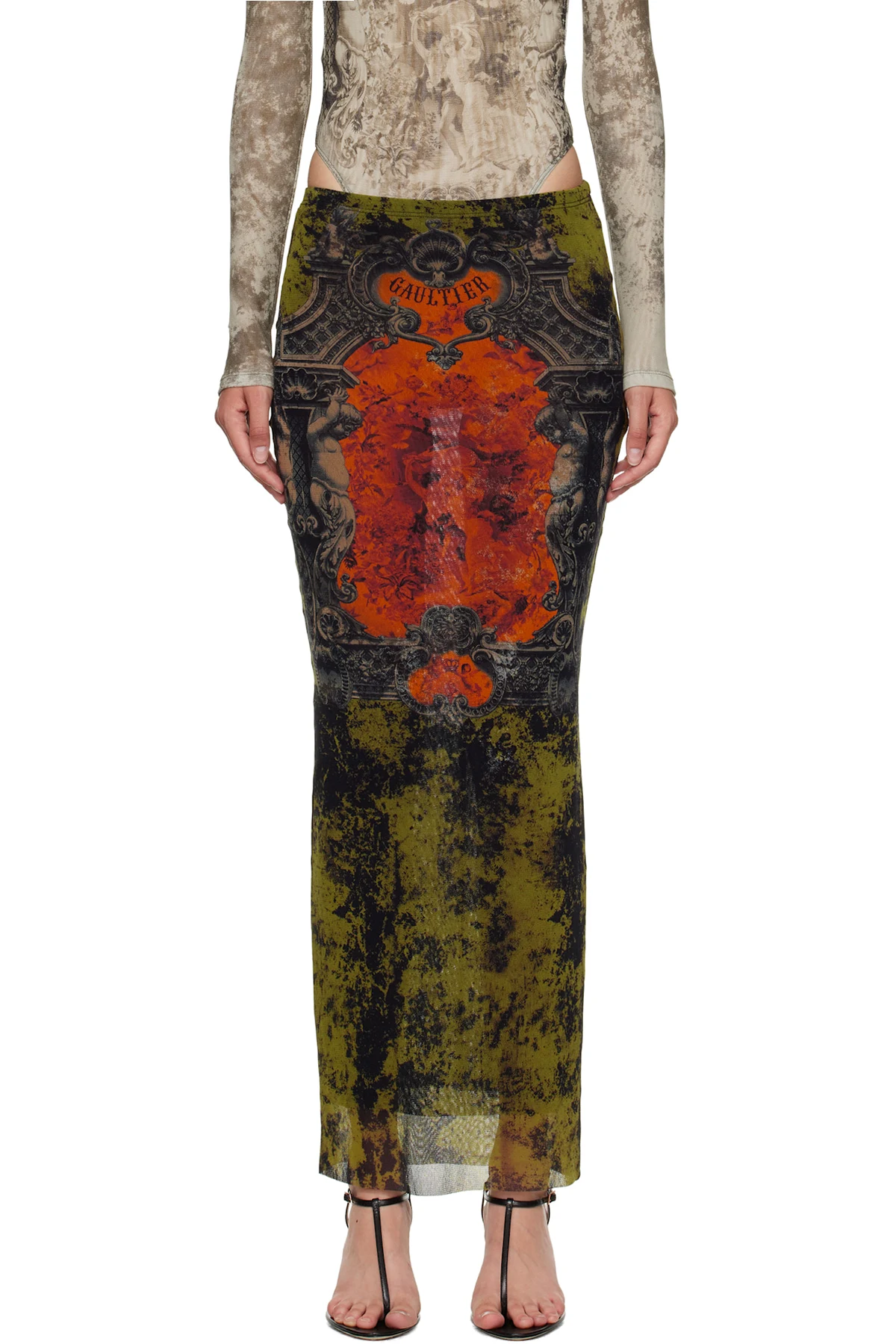 Khaki & Orange 'The Long Médaillon' Midi Skirt