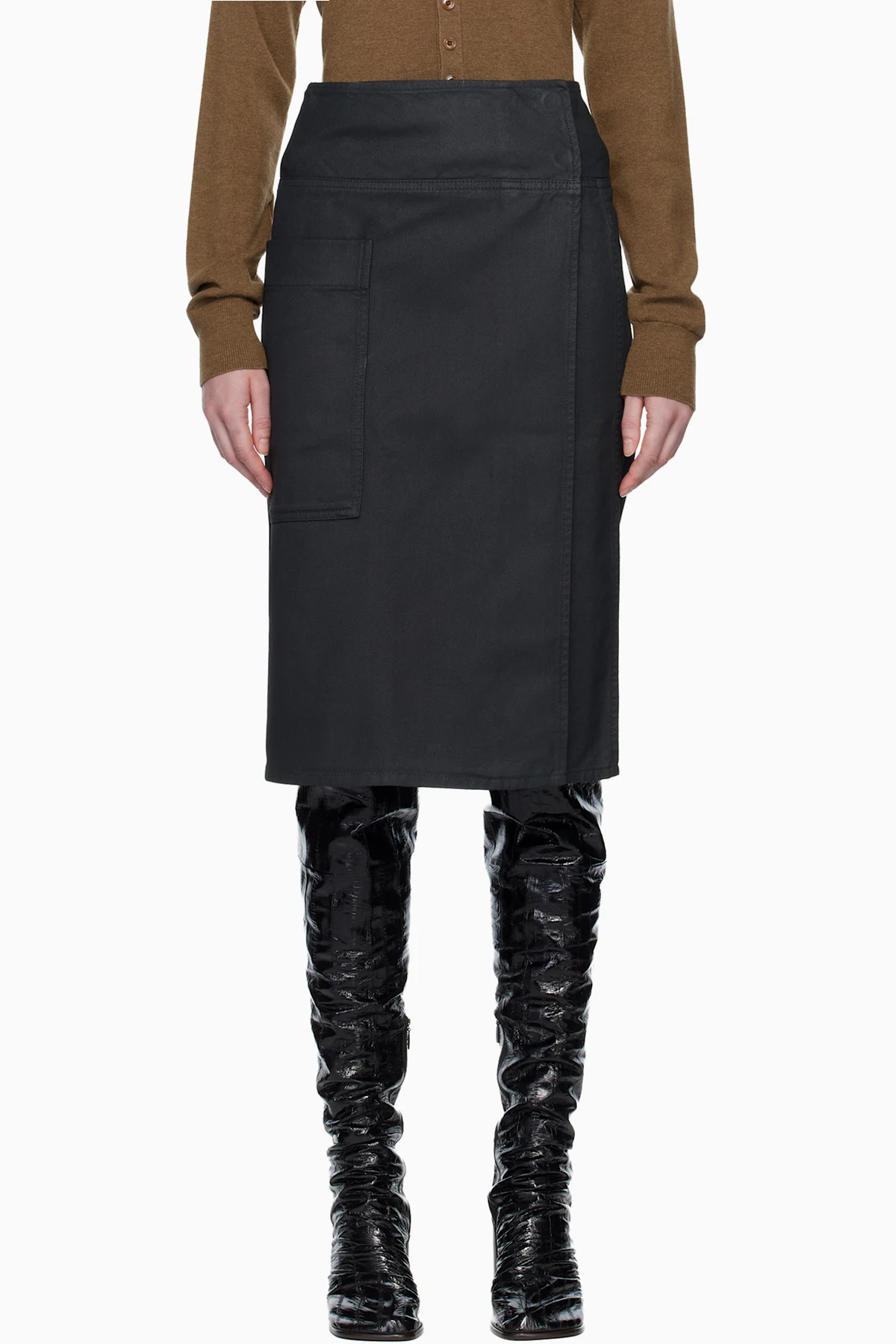 Gray Apron Denim Midi Skirt