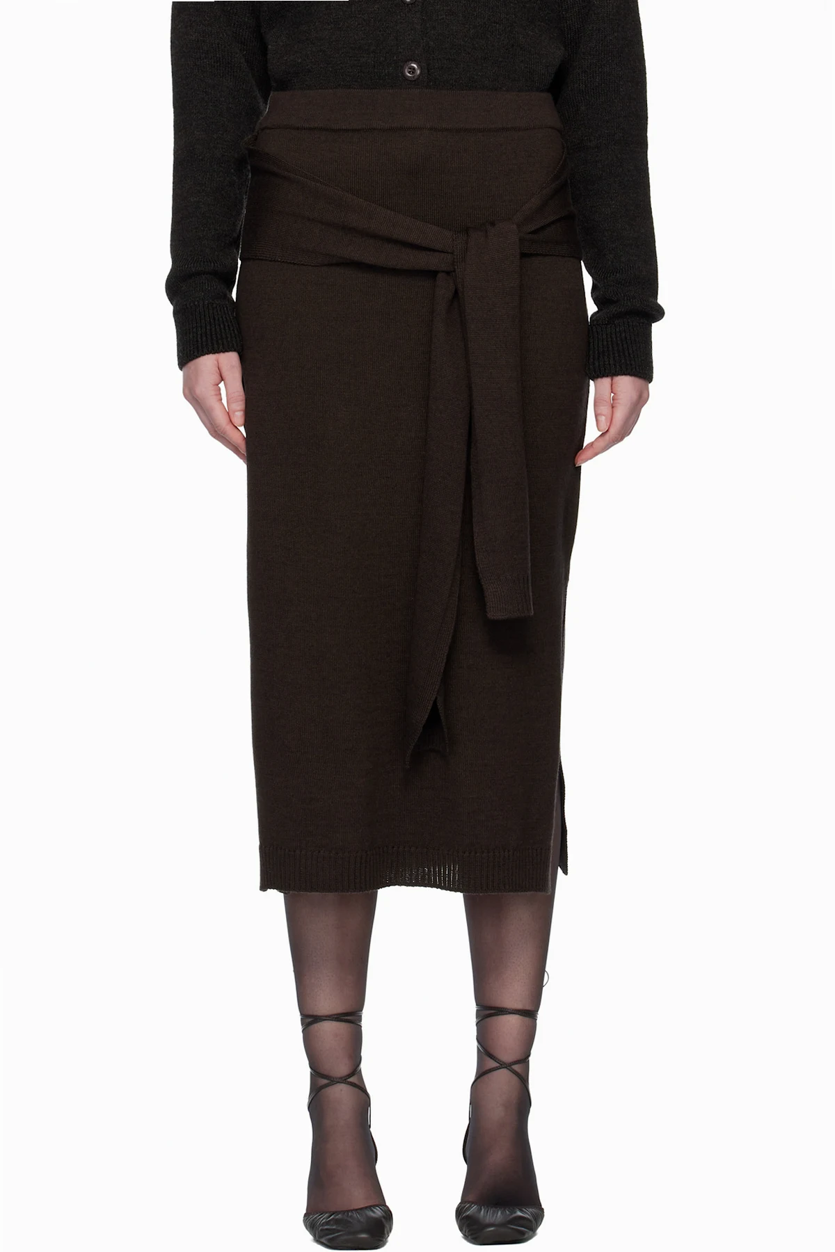 Brown Trompe L'oeil Midi Skirt