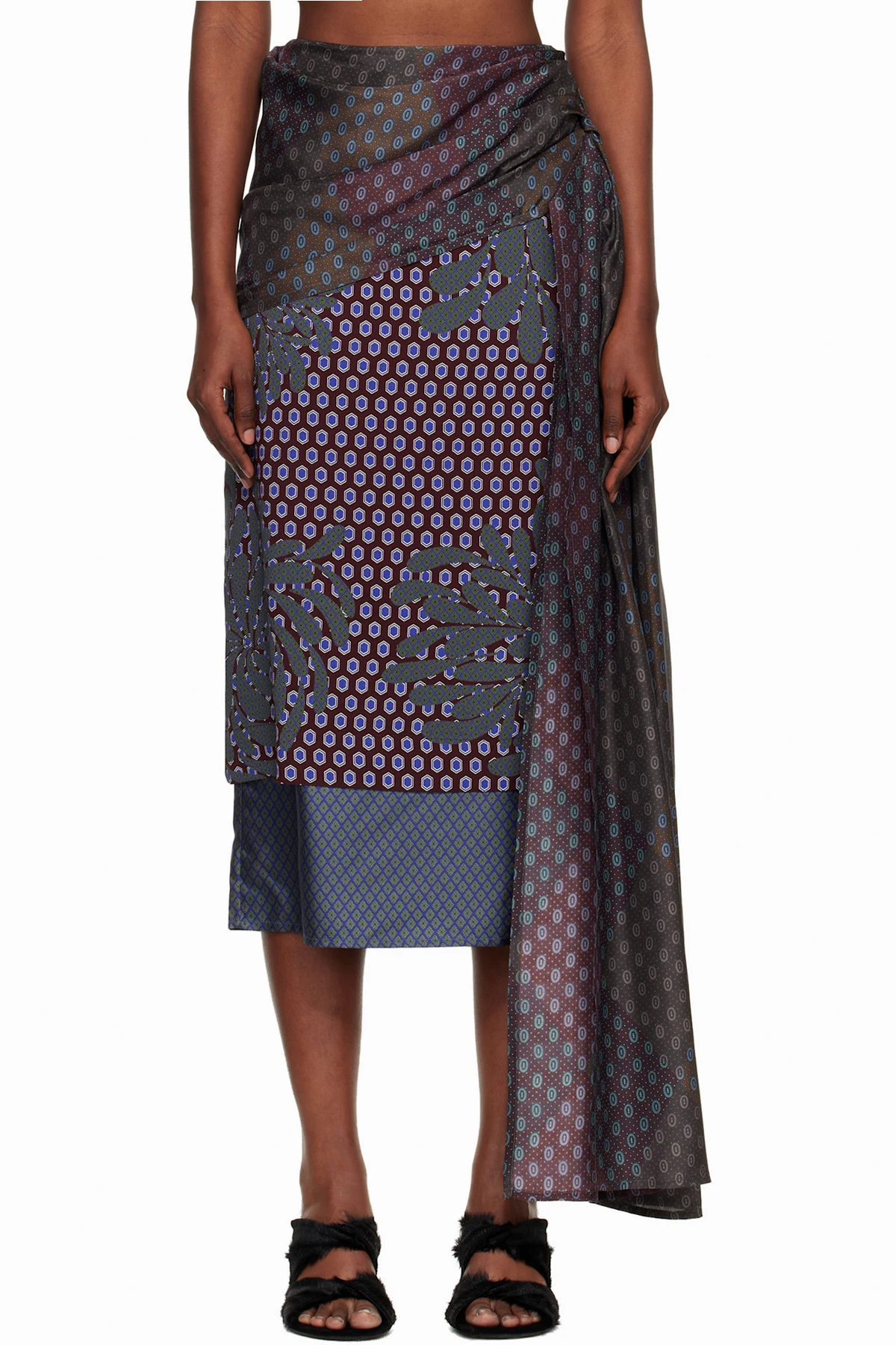 Burgundy & Green Layered Tie Motif Midi Skirt