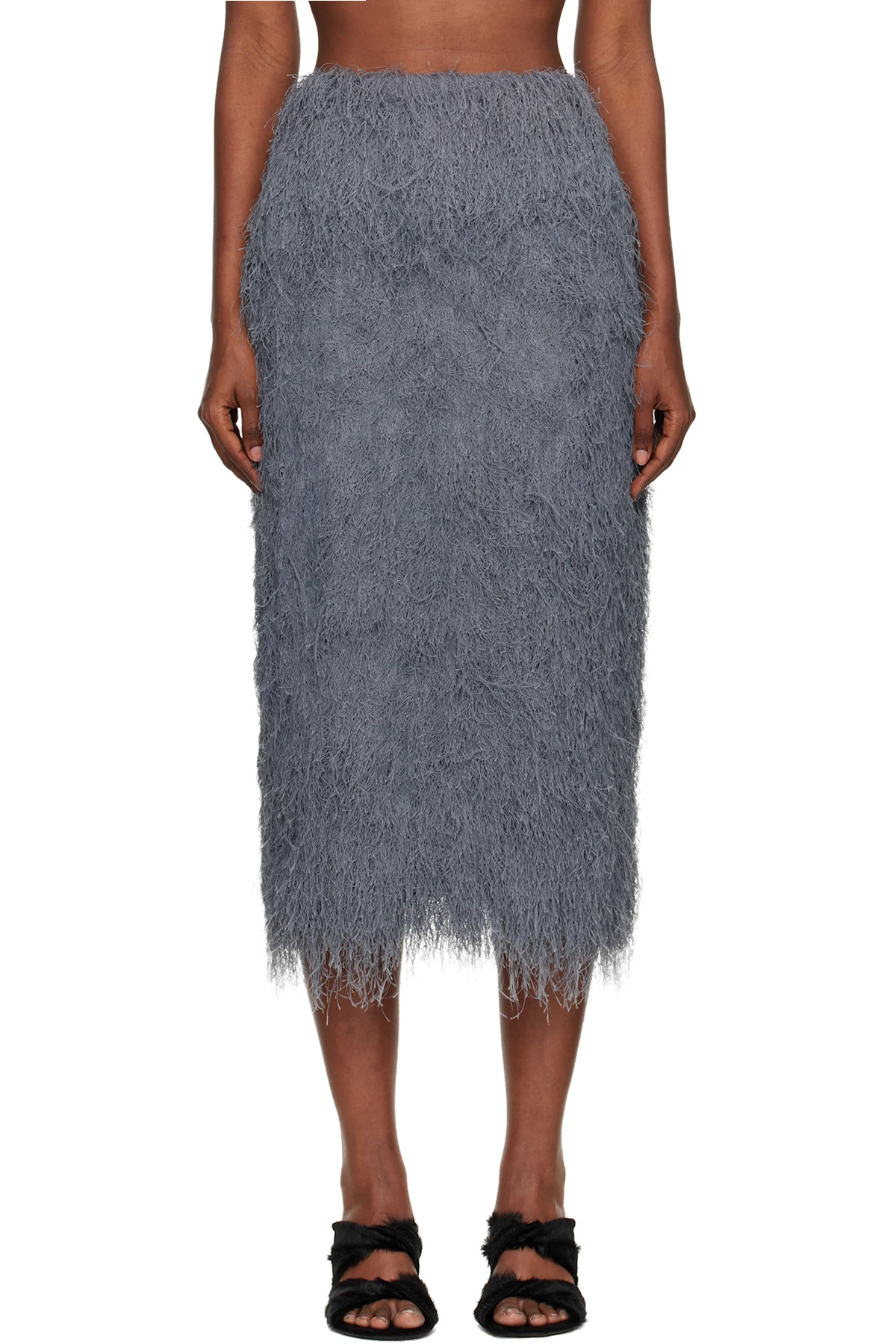 Gray Fringed Midi Skirt