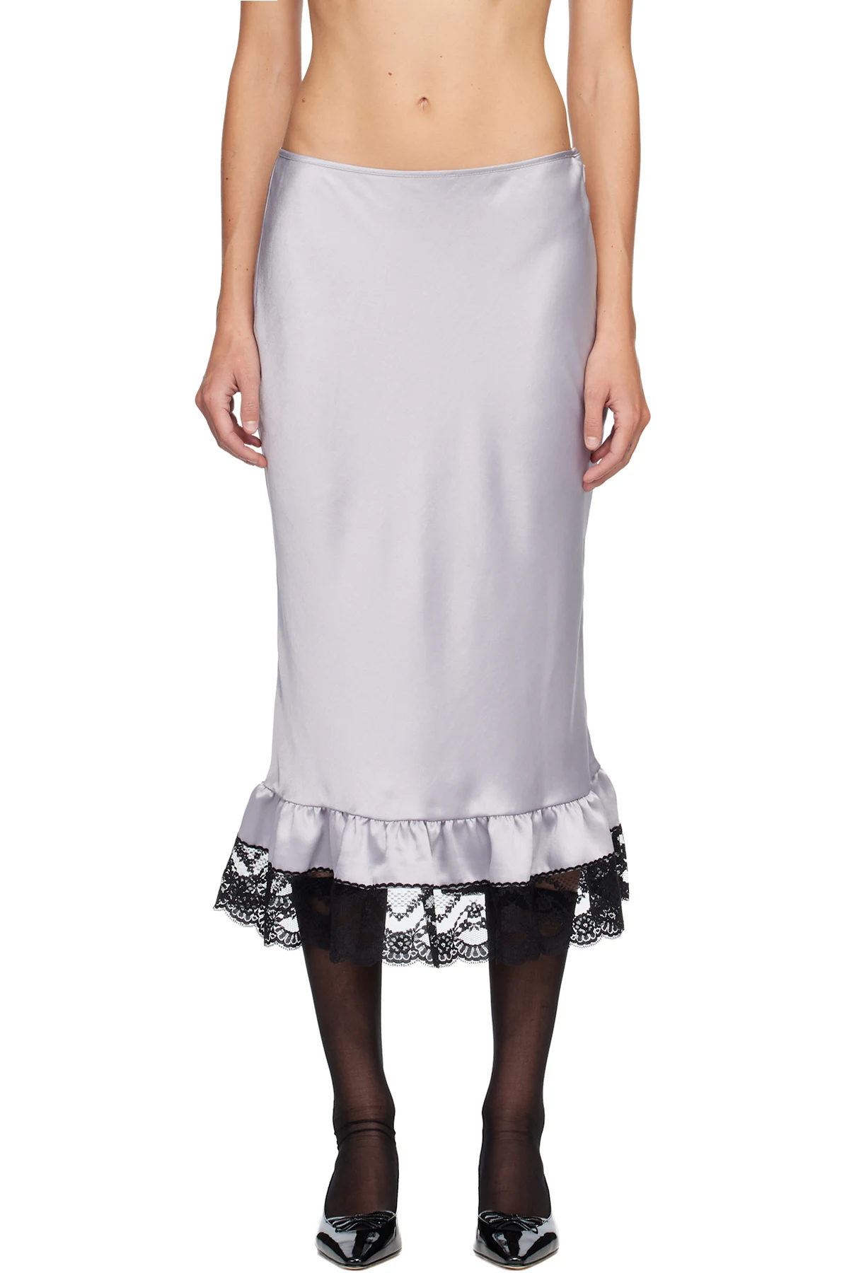 Silver Boudoir Satin Lace Midi Skirt