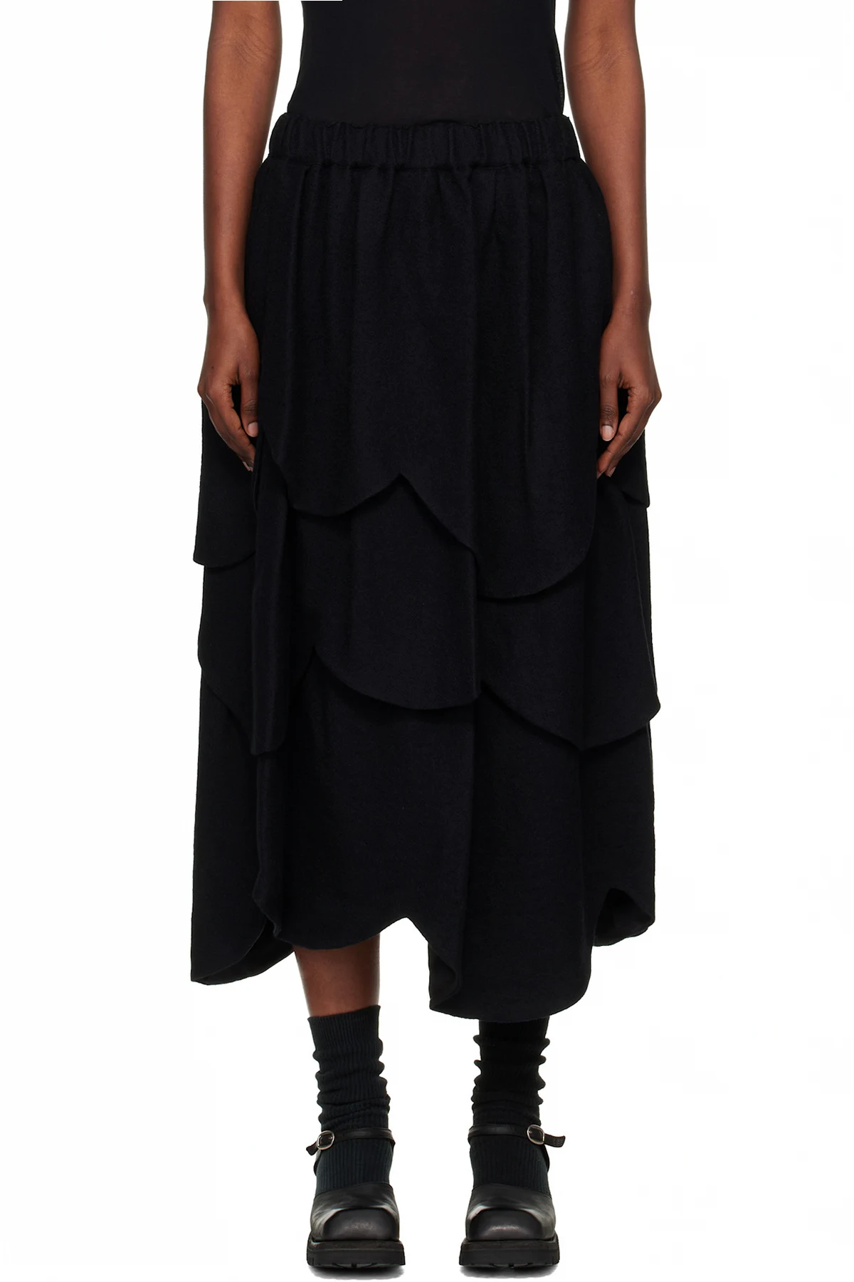 Black Tiered Flower Midi Skirt