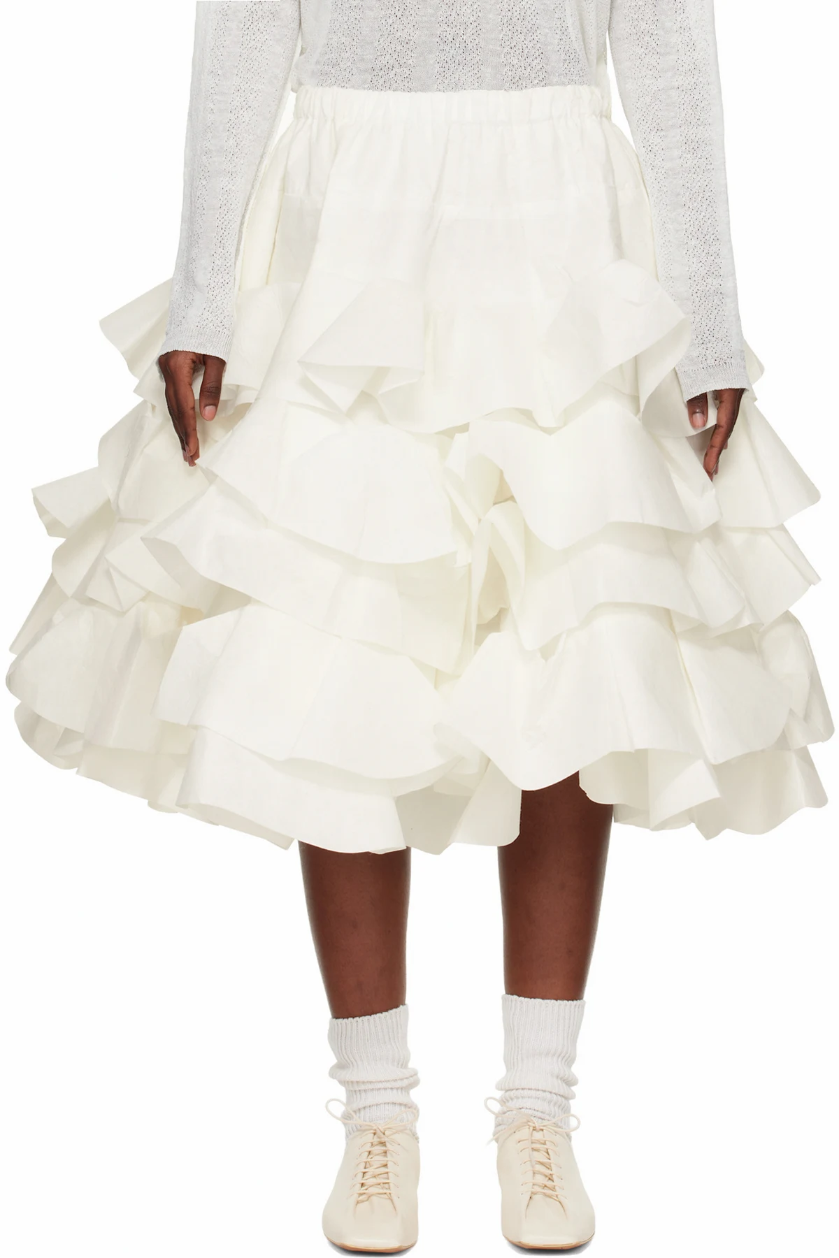 White Polyester Rayon Tiered Midi Skirt