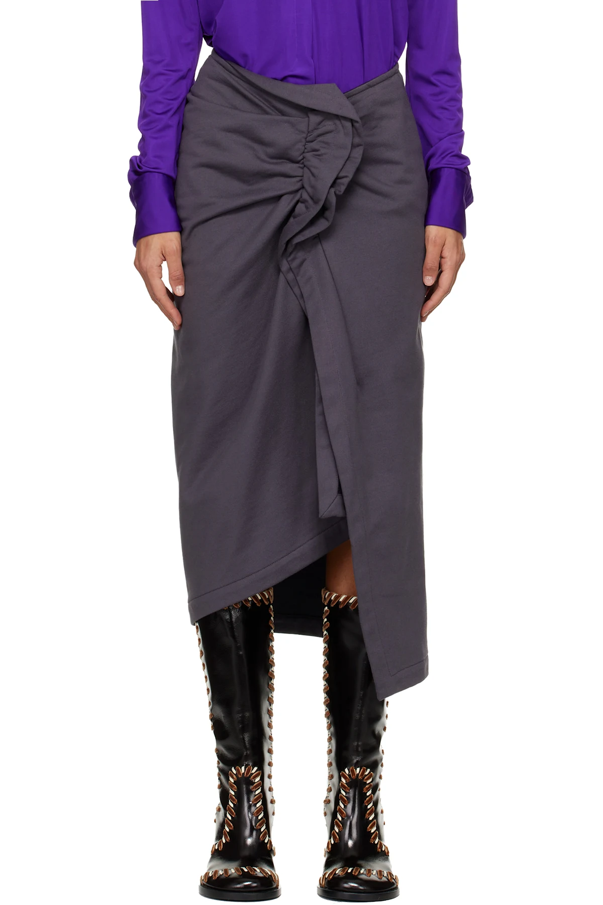 Gray Ruffled Cotton Midi Skirt