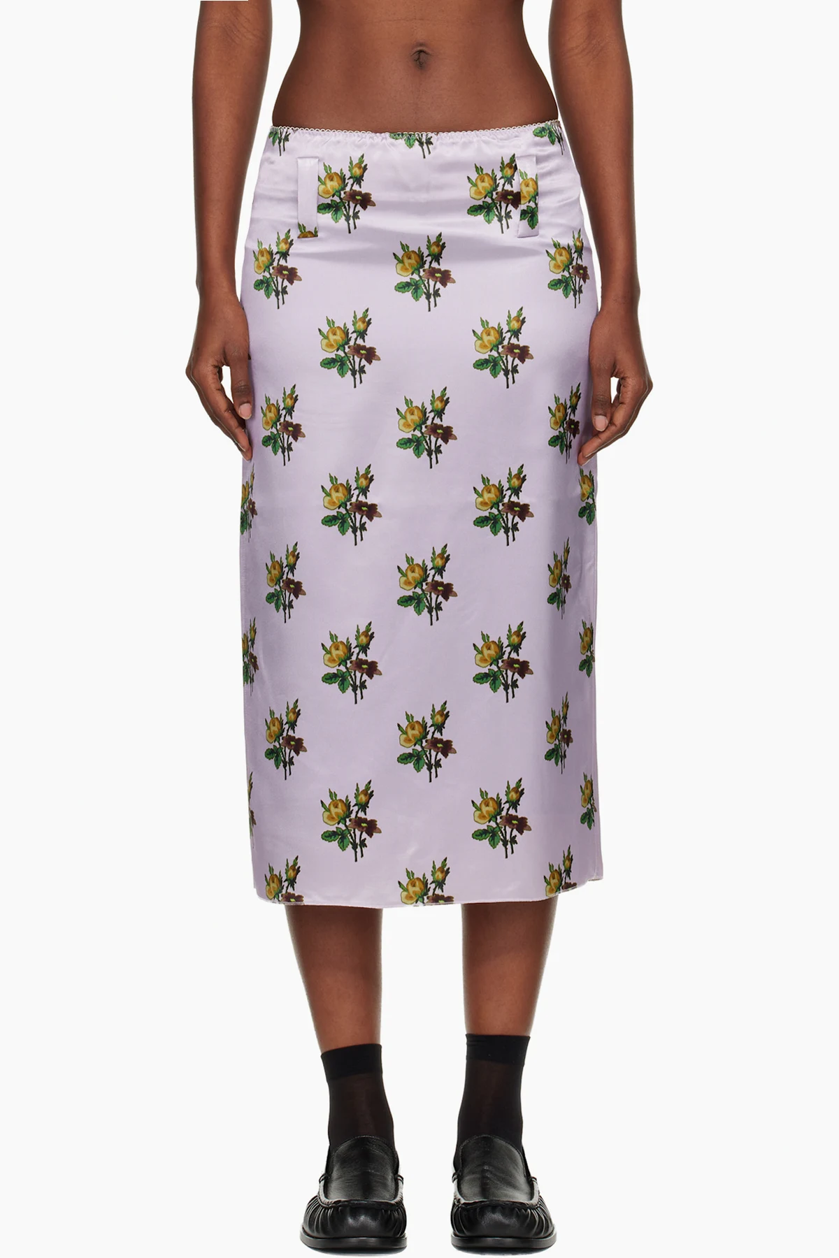 Pink Floral Satin Slip Midi Skirt