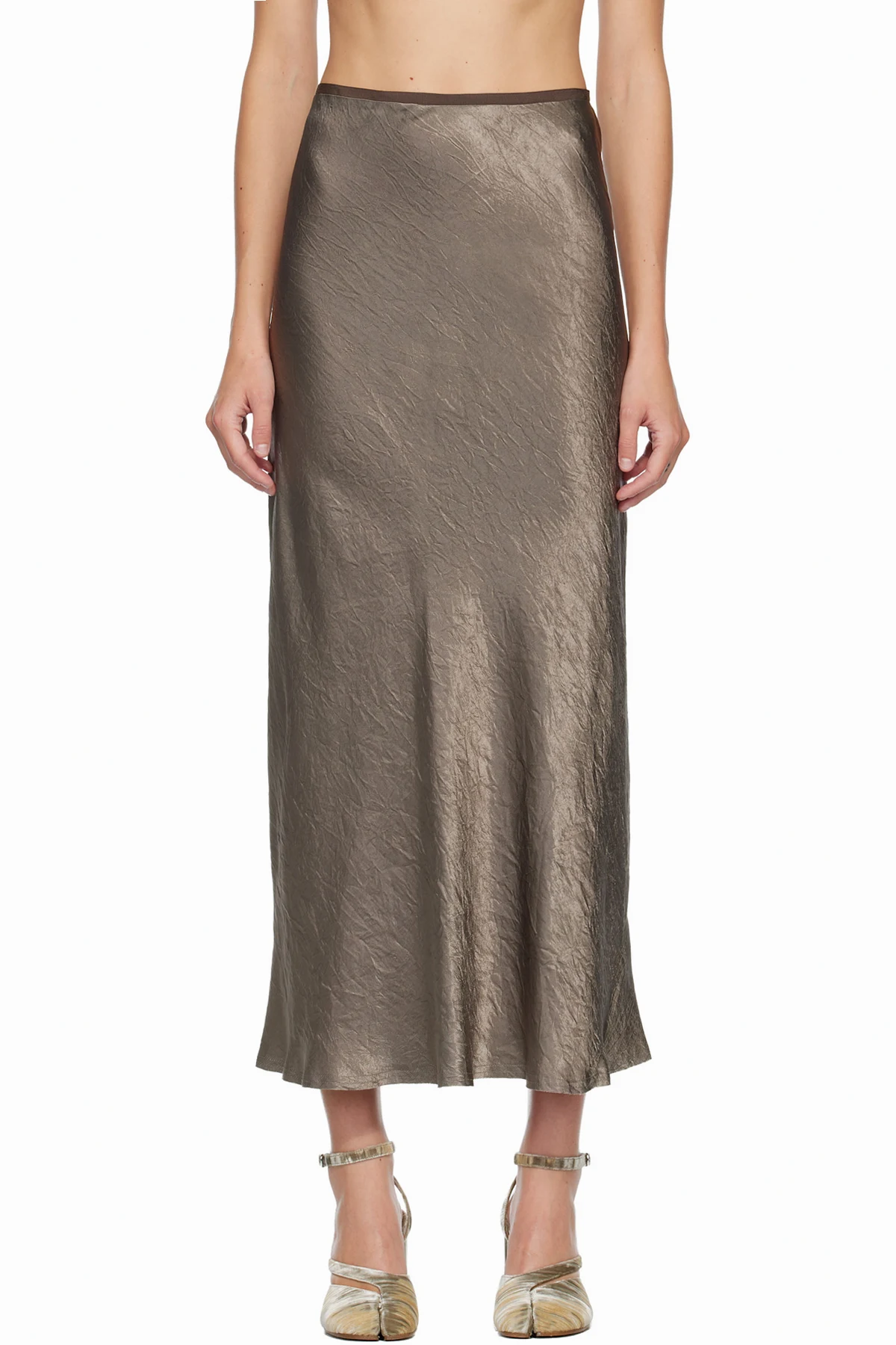 Taupe Satin Midi Skirt