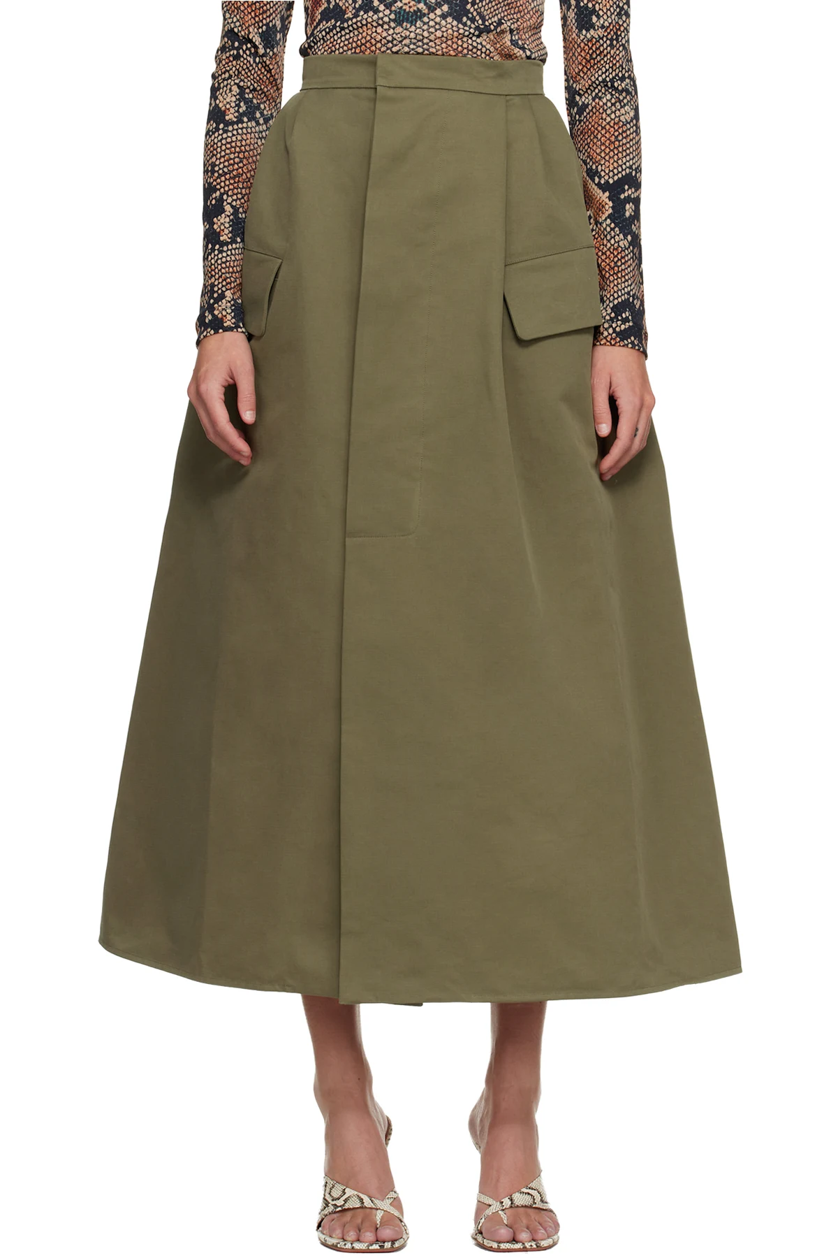 Khaki Uniform Double Waisted Midi Skirt