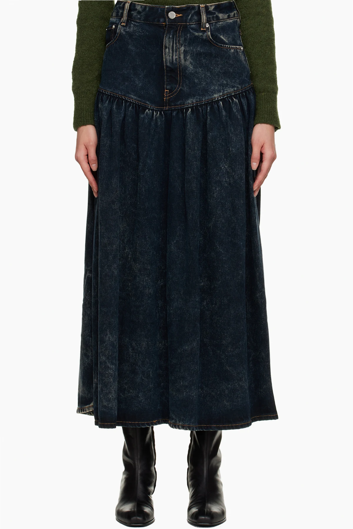 Black Washed Denim Midi Skirt