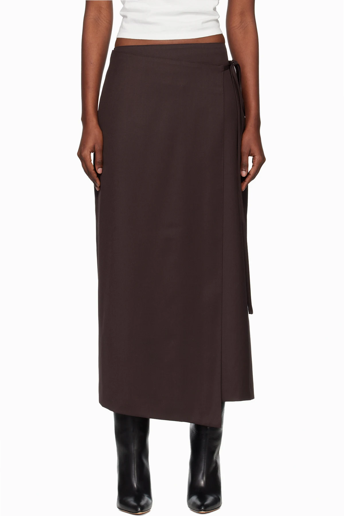 Brown Wool Wrap Midi Skirt
