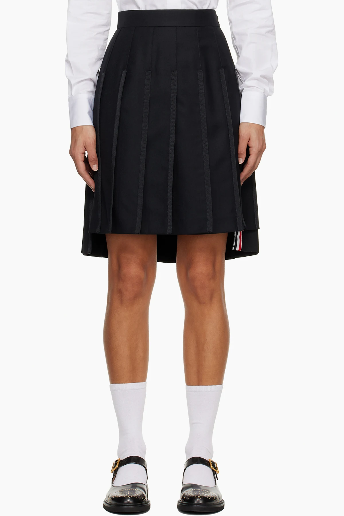 Black Super 120s Twill Pleated Midi Skirt