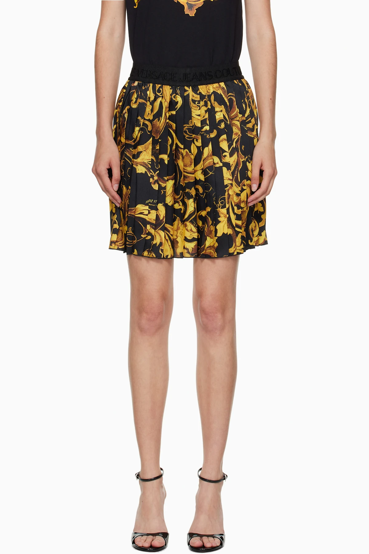 Black & Gold Porcelain Barocco Pleated Miniskirt