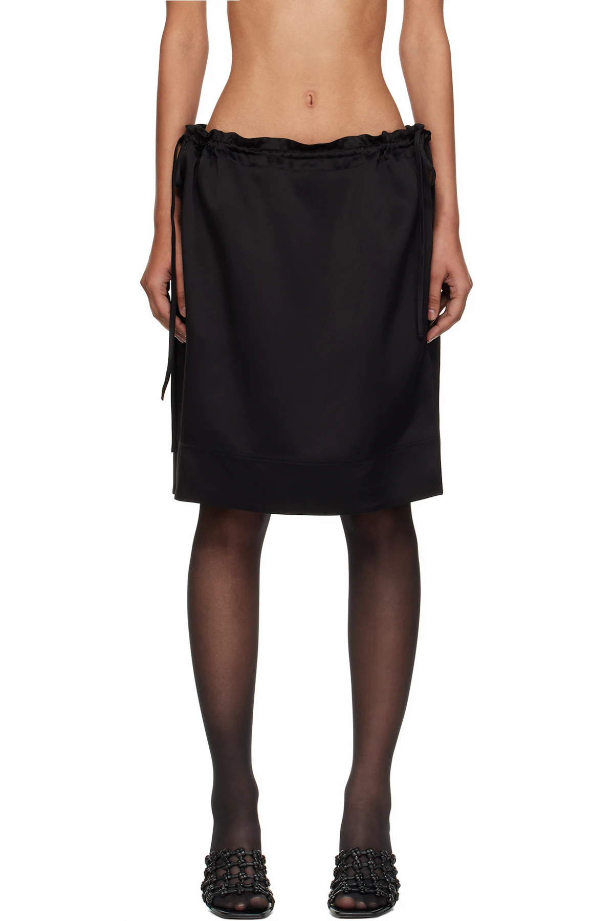 Black Drawstring Satin Miniskirt