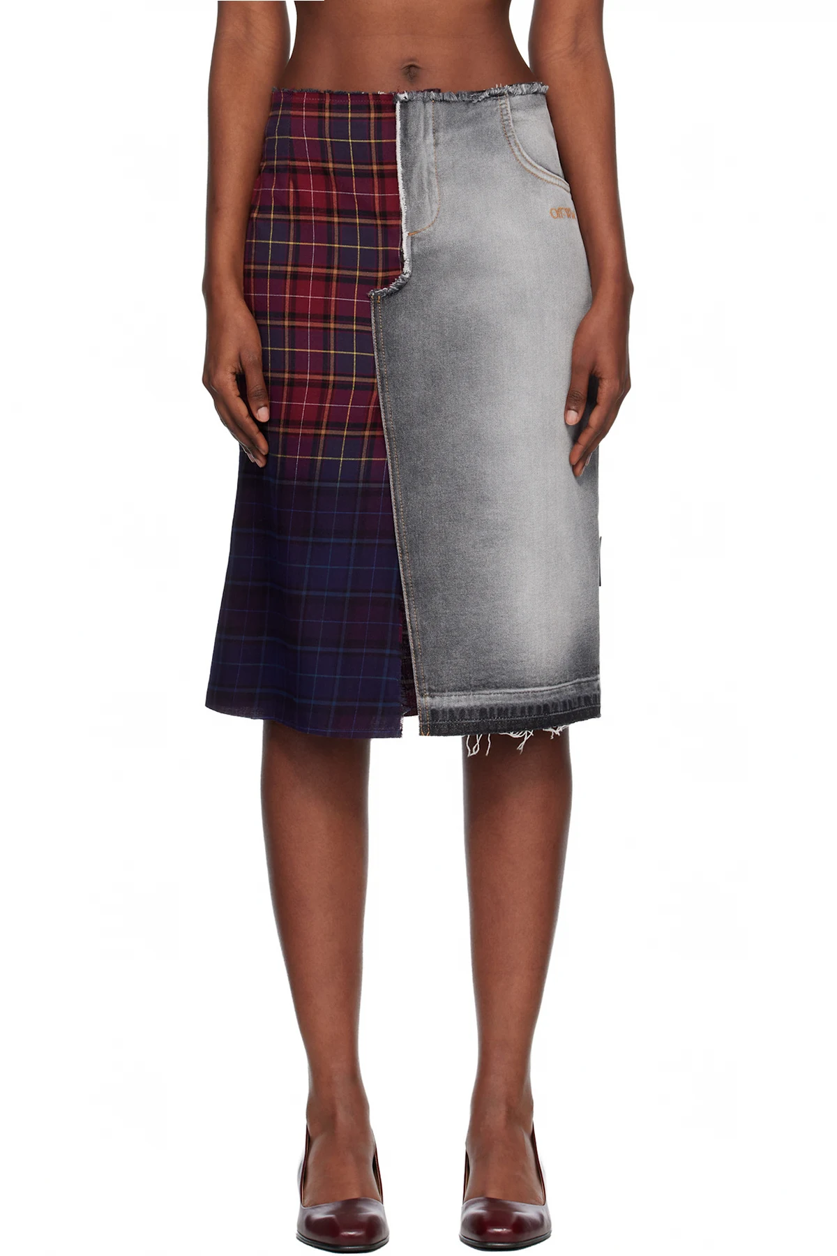 Red & Blue Check Flannel Denim Midi Skirt