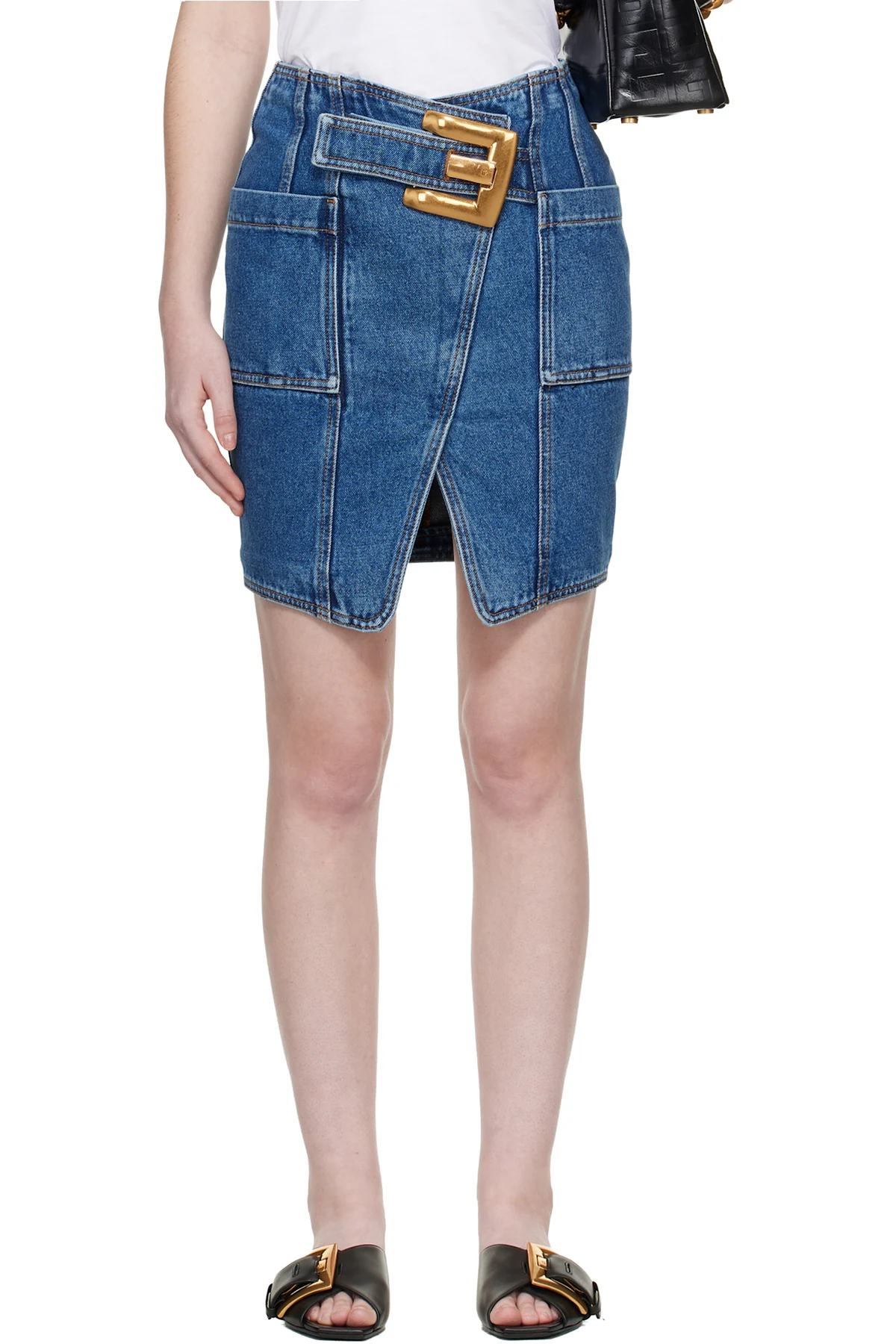 Blue Short Denim Belt Midi Skirt