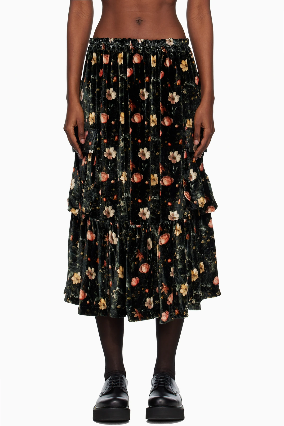 Black Gathered Cargo Midi Skirt