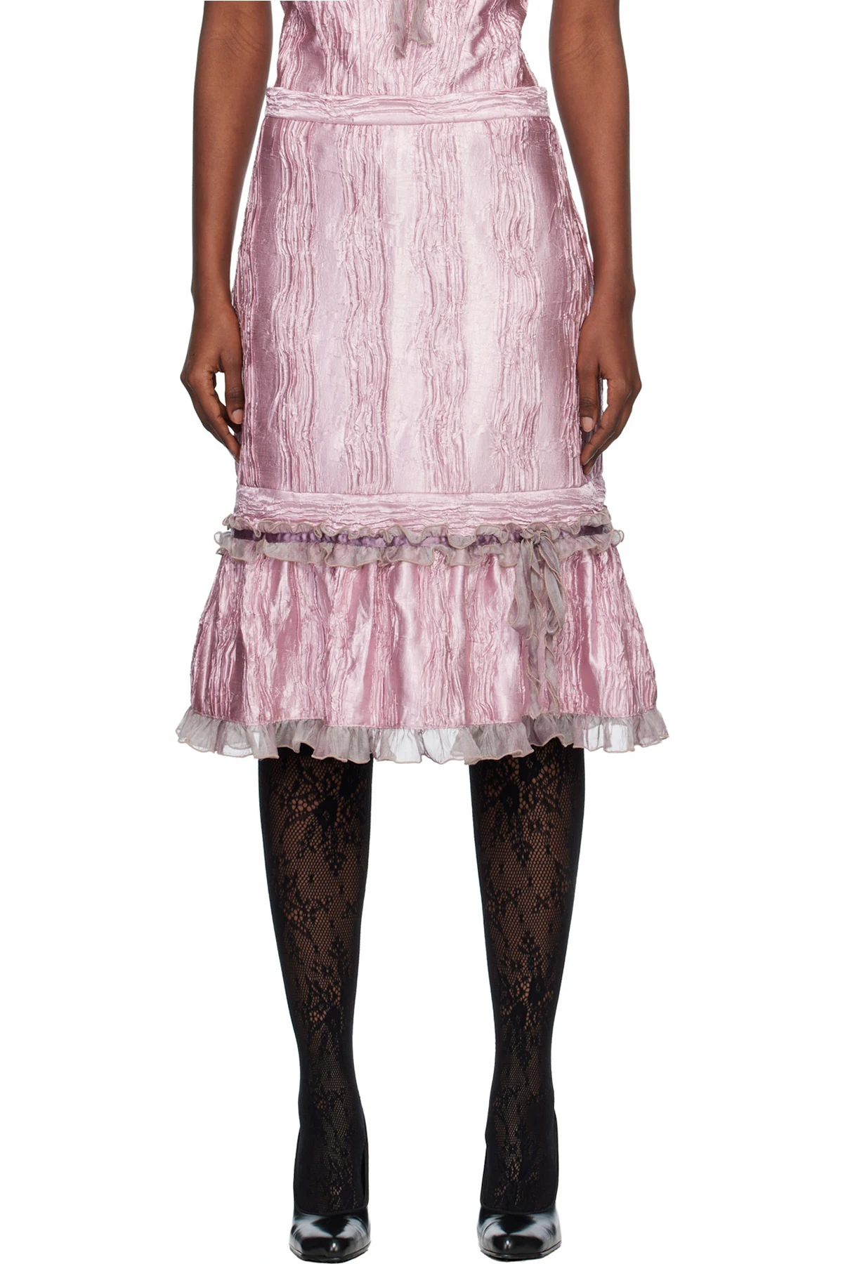 Pink Crushed Satin Ruffle Midi Skirt