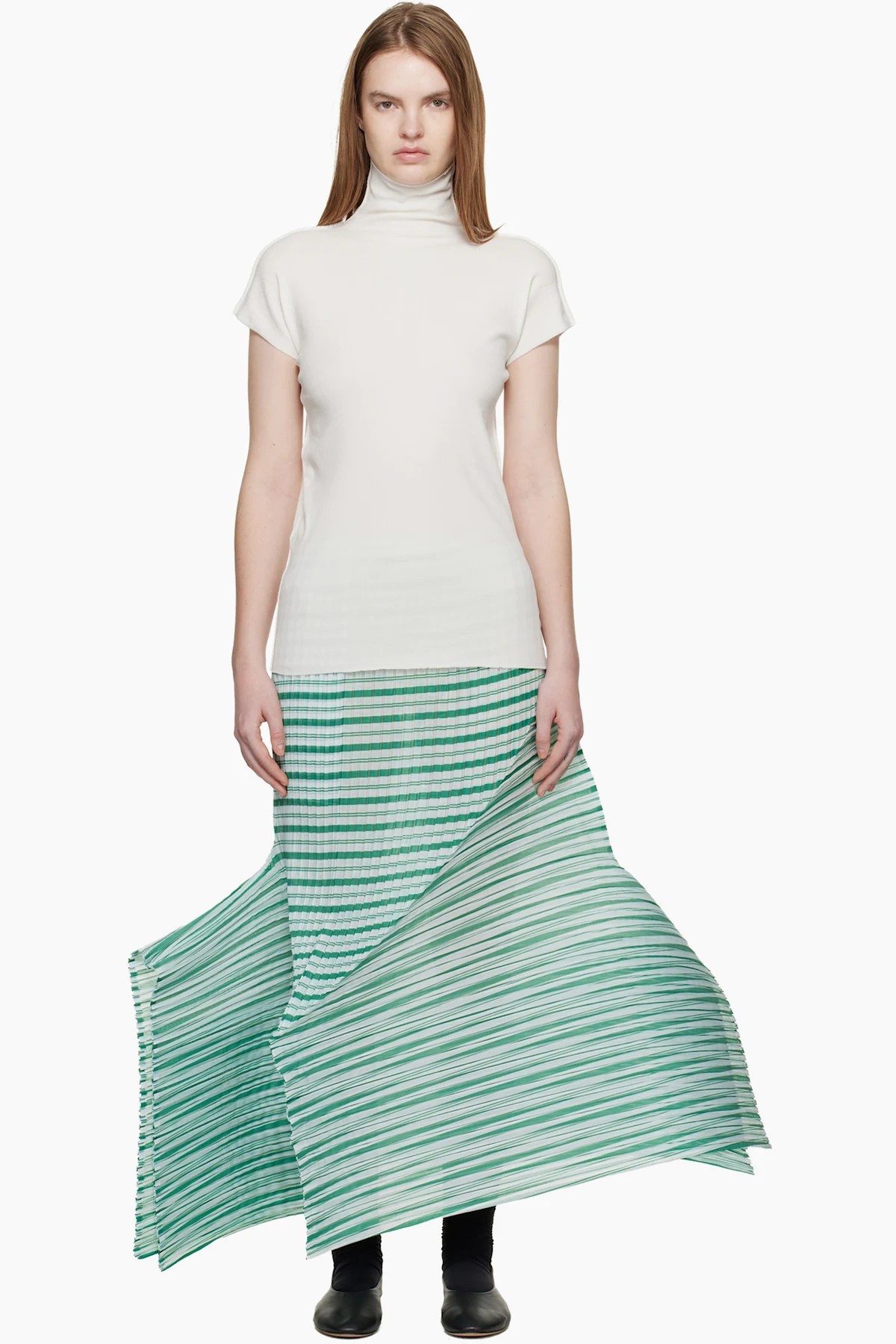 Green Generic Stripes Machine Pleats Midi Skirt