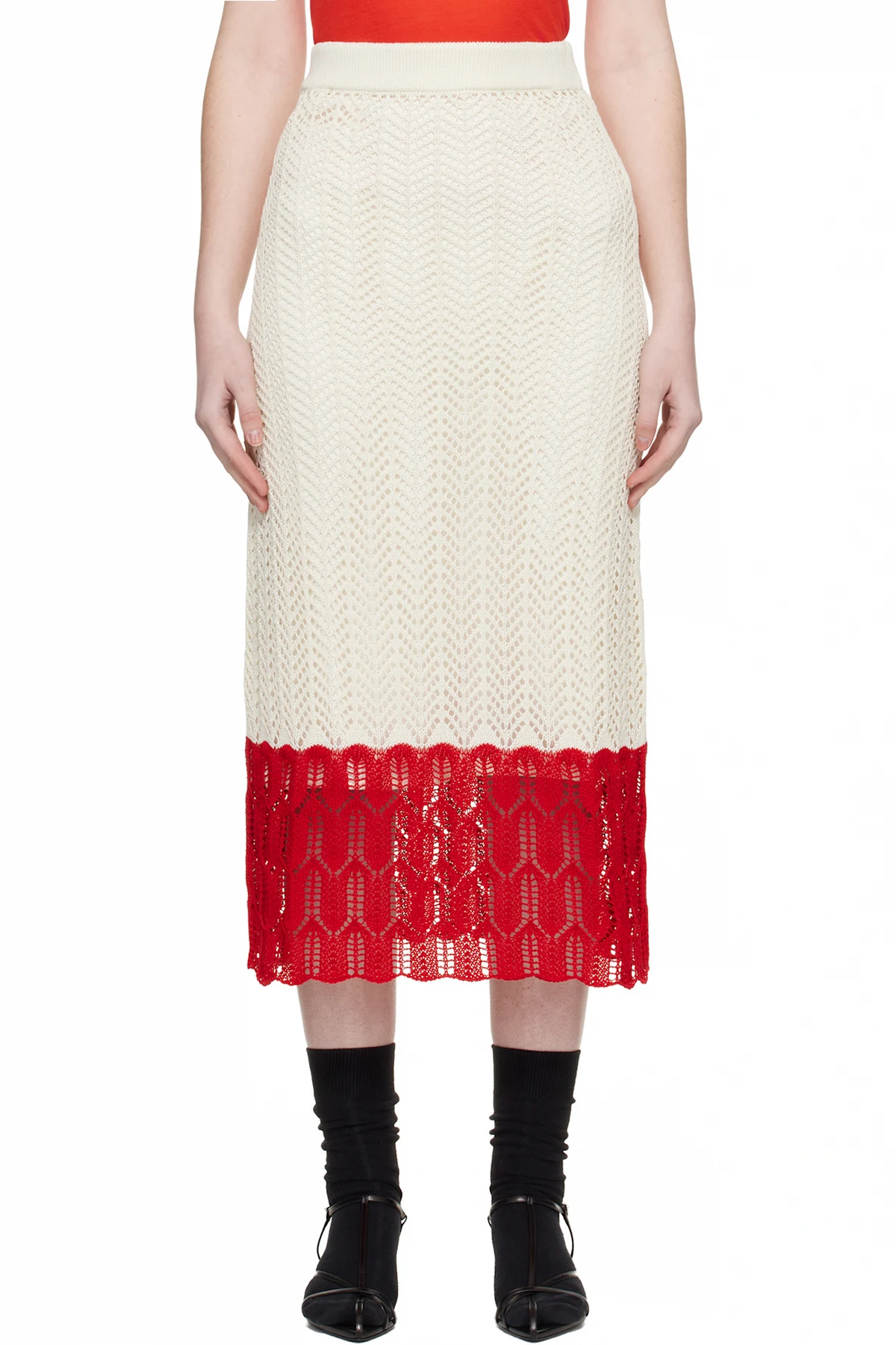 Off-White & Red Bicolor Lace Midi Skirt