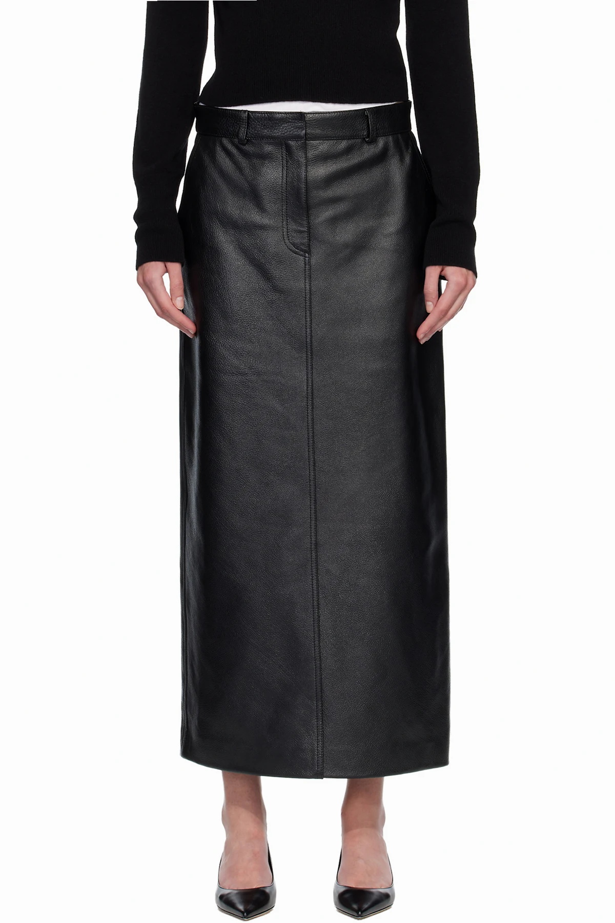 Black Grained-Leather Straight Midi Skirt
