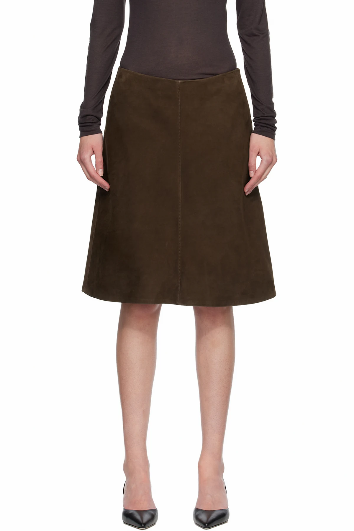 Brown A-Line Suede Midi Skirt