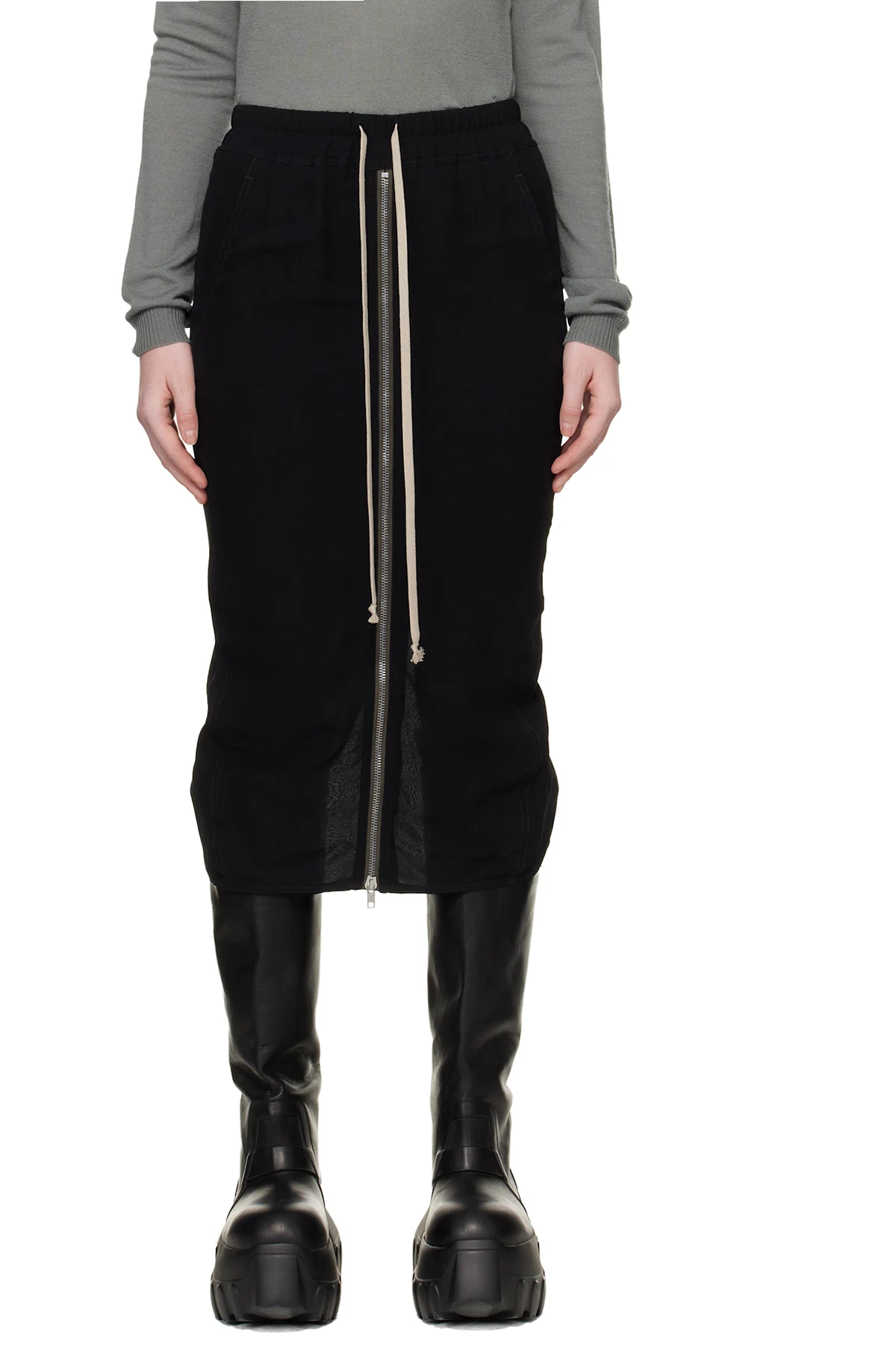 Black Temple Zipped Short Pillar Midi Skirt