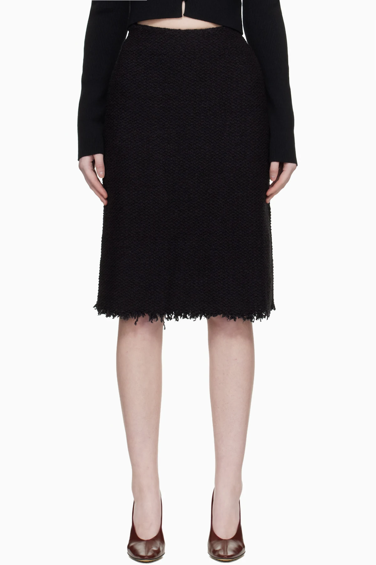 Black Frayed Edge Midi Skirt
