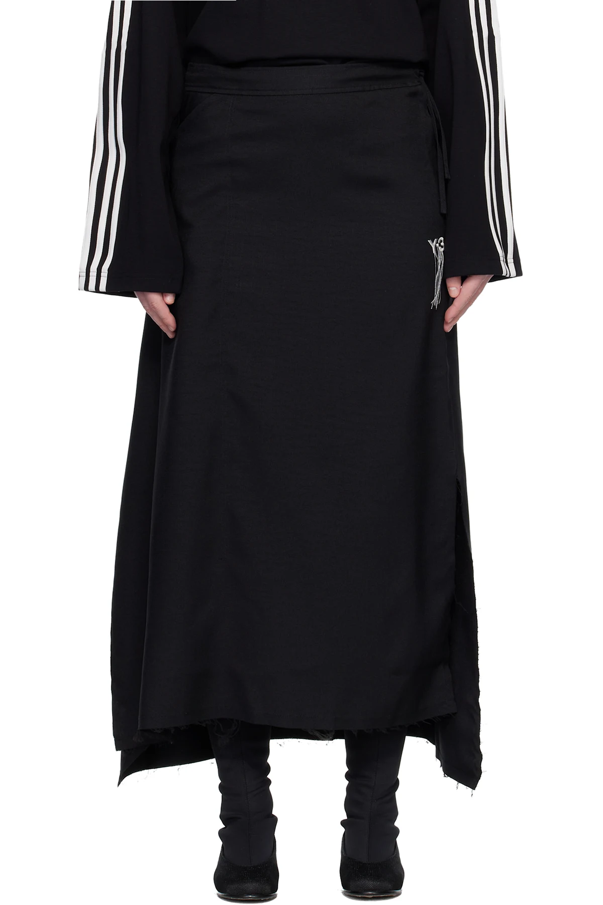 Black Sport Uniform Raw Cut 3 Stripes Midi Skirt