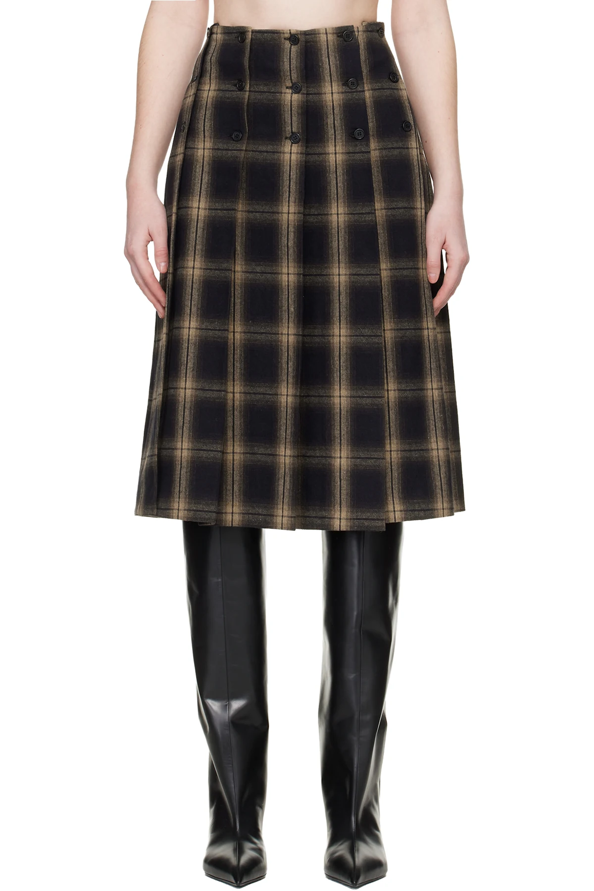 Brown Brushed Check Midi Skirt